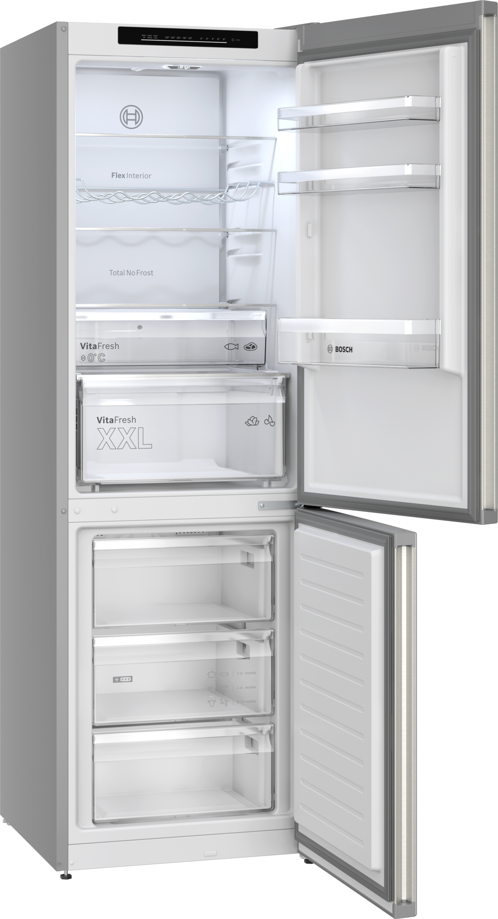 Otwarta lodówka Bosch z półkami i szufladami.