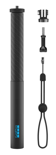 Czarny uchwyt GoPro ze wzorem karbonowym i akcesoriami.