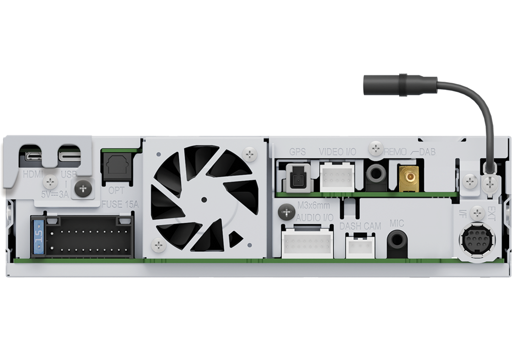 Rückseite eines Geräts mit Anschlüssen: HDMI, USB, OPT, Sicherung, GPS, Video, Audio, Dash Cam, Mikrofon und externem Anschluss.
