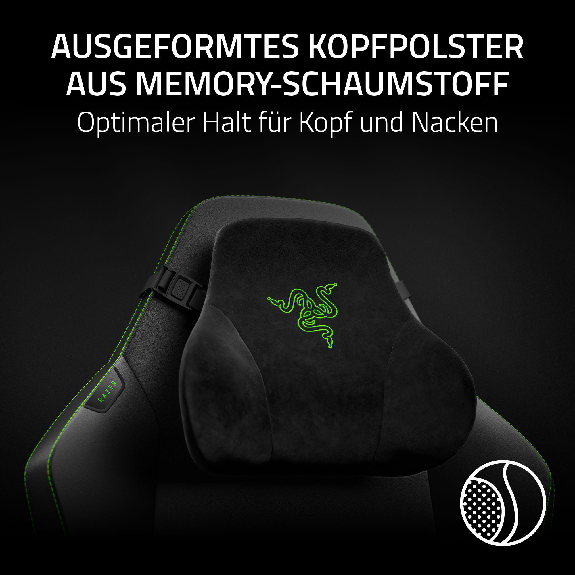 Ein schwarzes Nackenkissen mit grünem Razer-Logo auf einem schwarzen Stuhl.