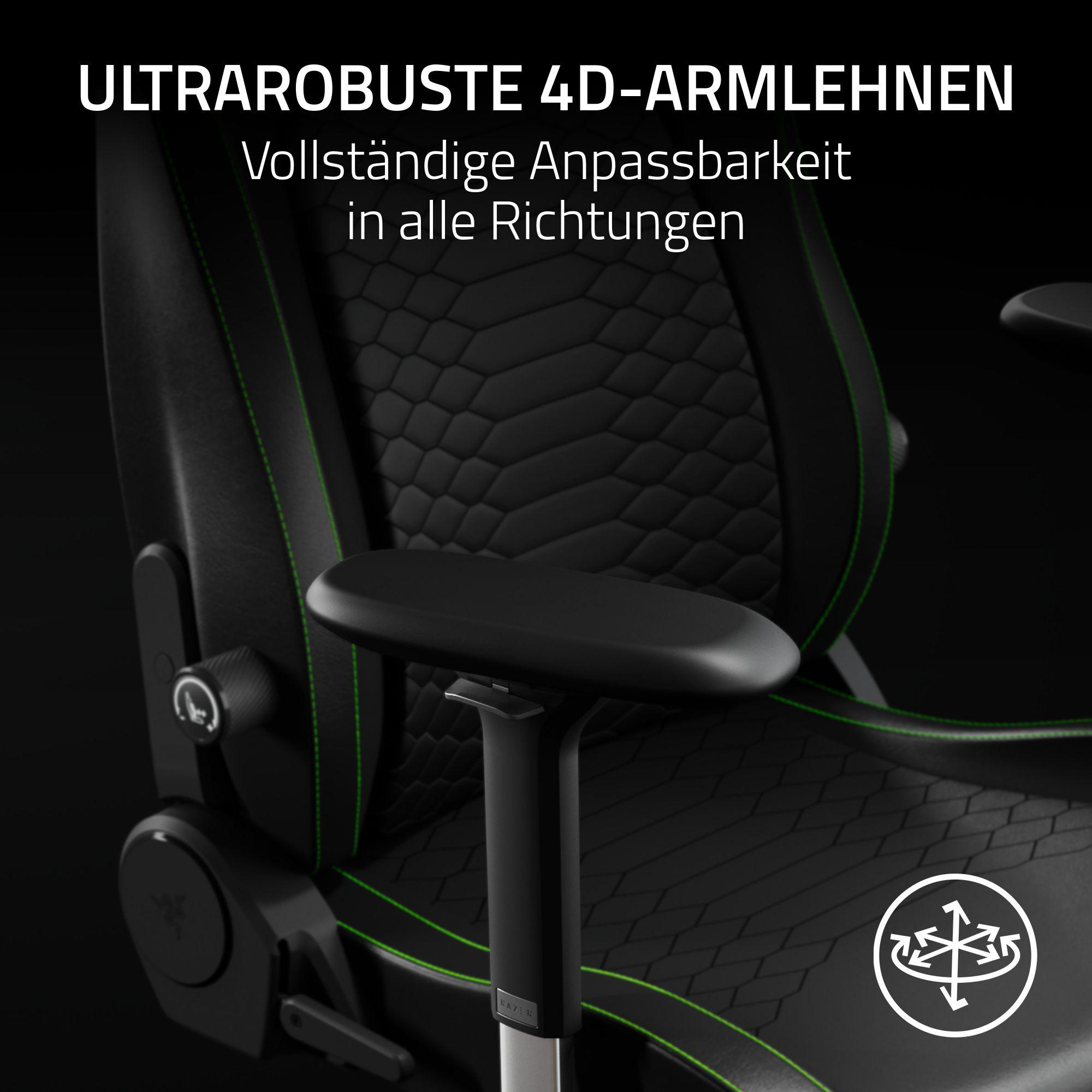 Schwarzer Gamingstuhl mit grünen Nähten, 4D-Armlehnen und Text-Overlay.