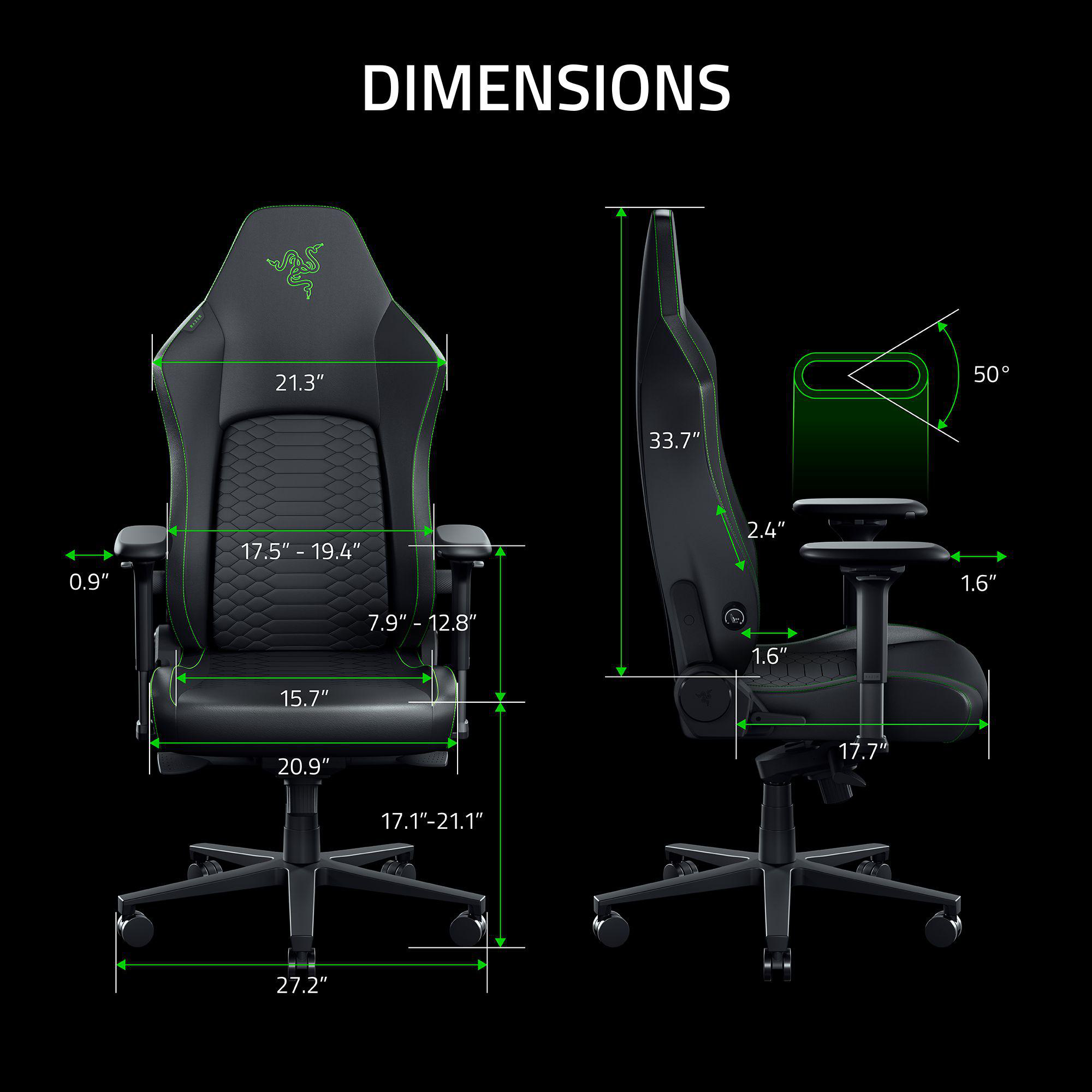 Zwei Ansichten eines schwarzen Razer-Stuhls mit grünen Maßen und Winkelangaben.