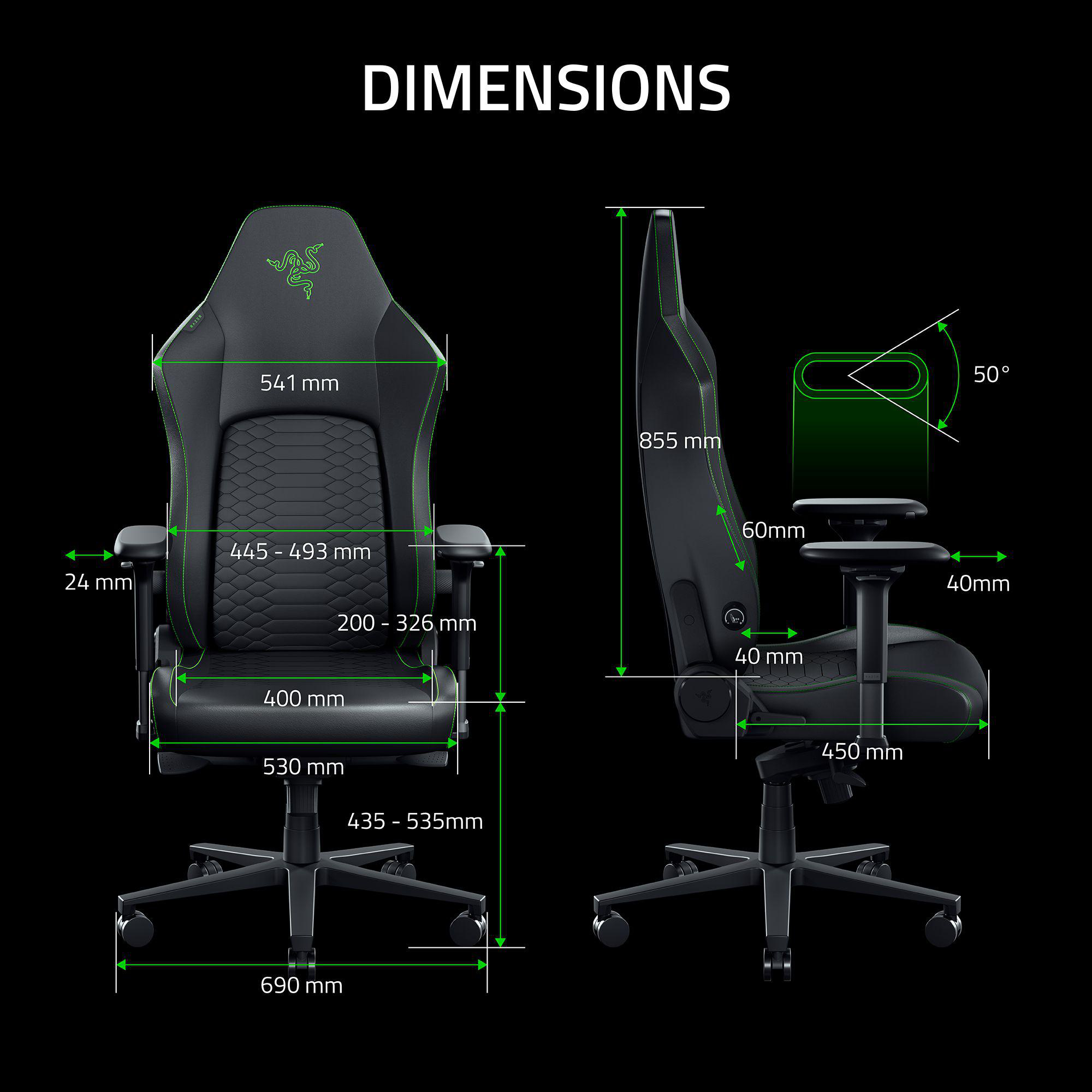 Diagramm eines schwarzen Razer-Stuhls mit grünen Maßen und Winkeln.