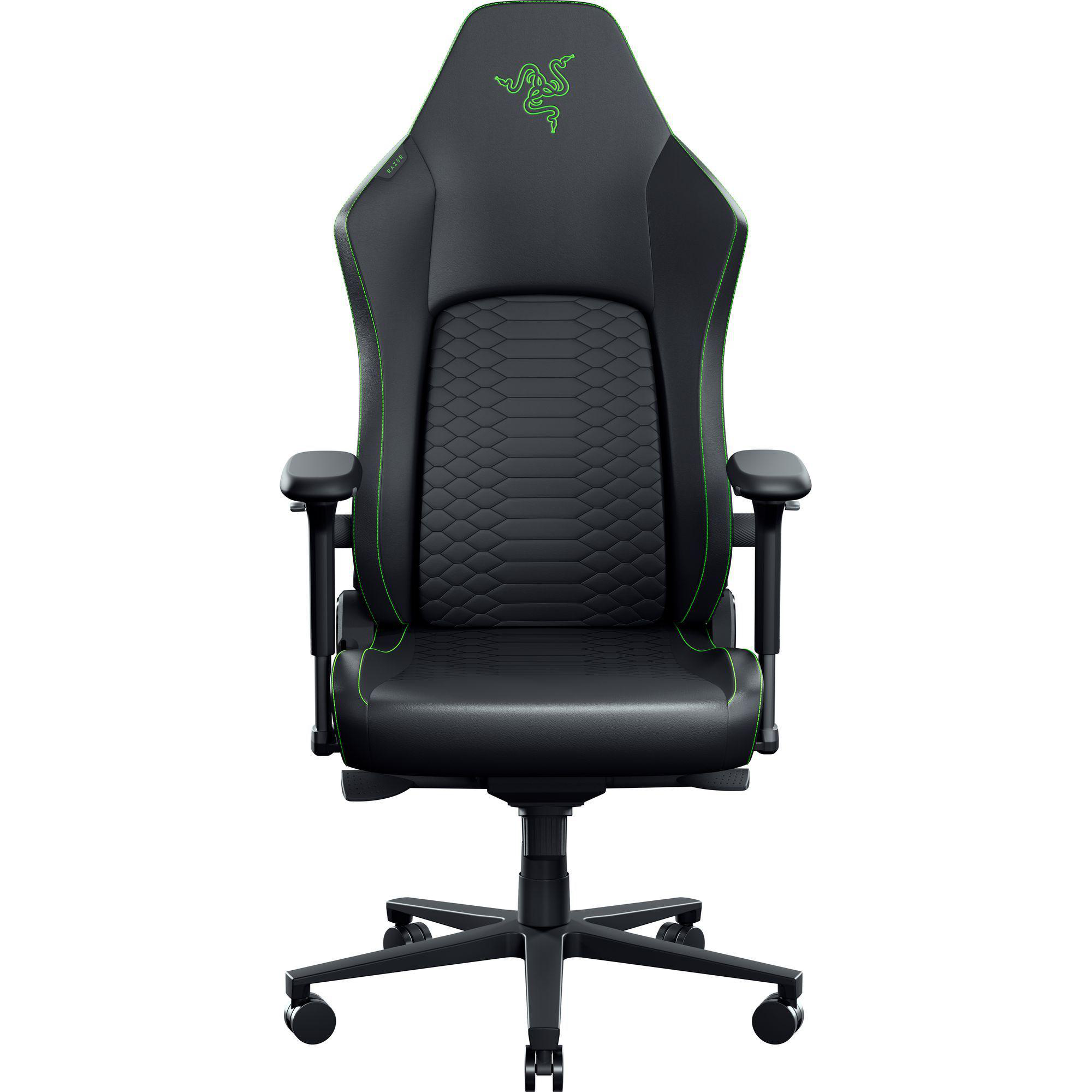 Schwarzer Gaming-Stuhl mit grünen Nähten und Razer-Logo.