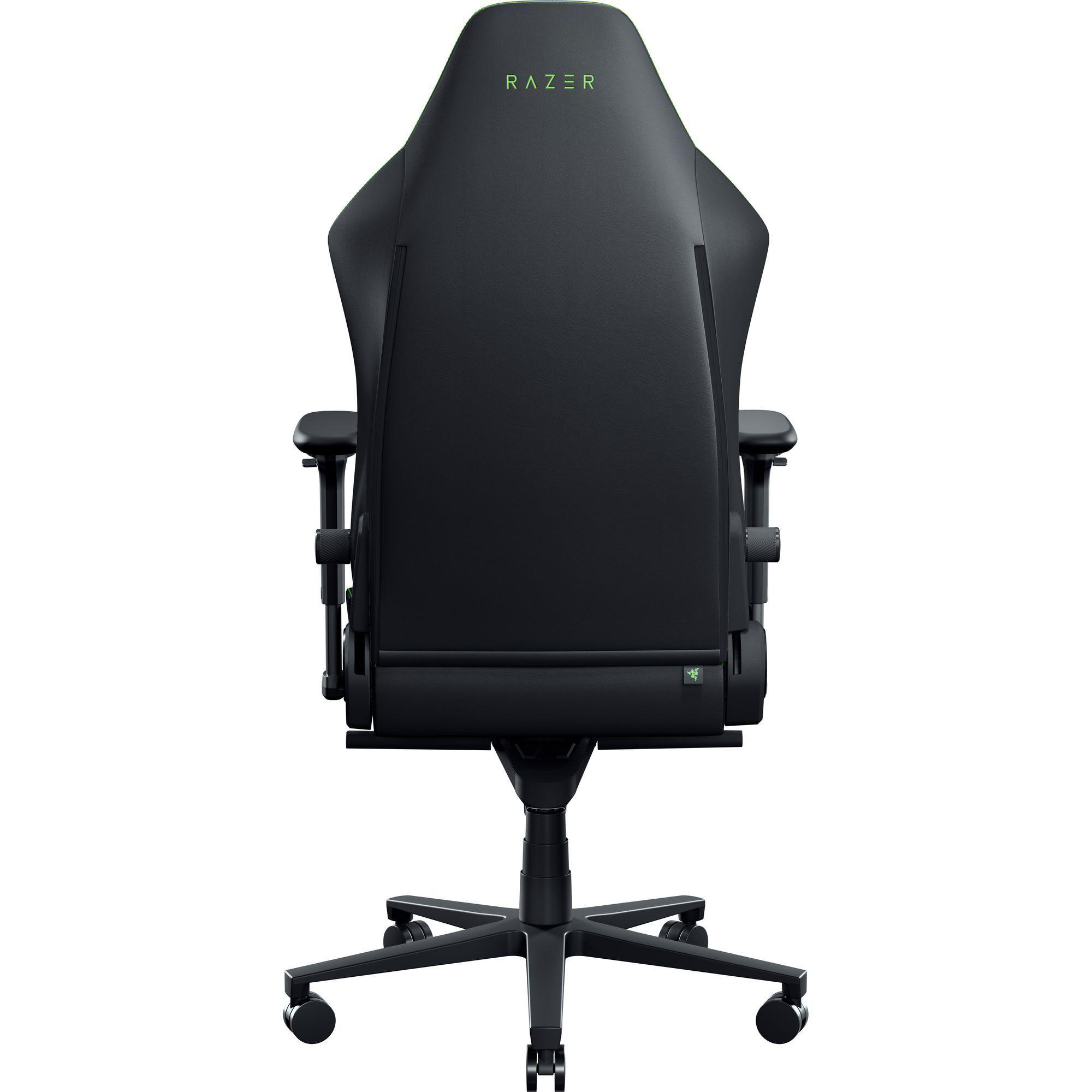 Schwarzer Gaming-Stuhl mit Razer-Logo oben und unten.