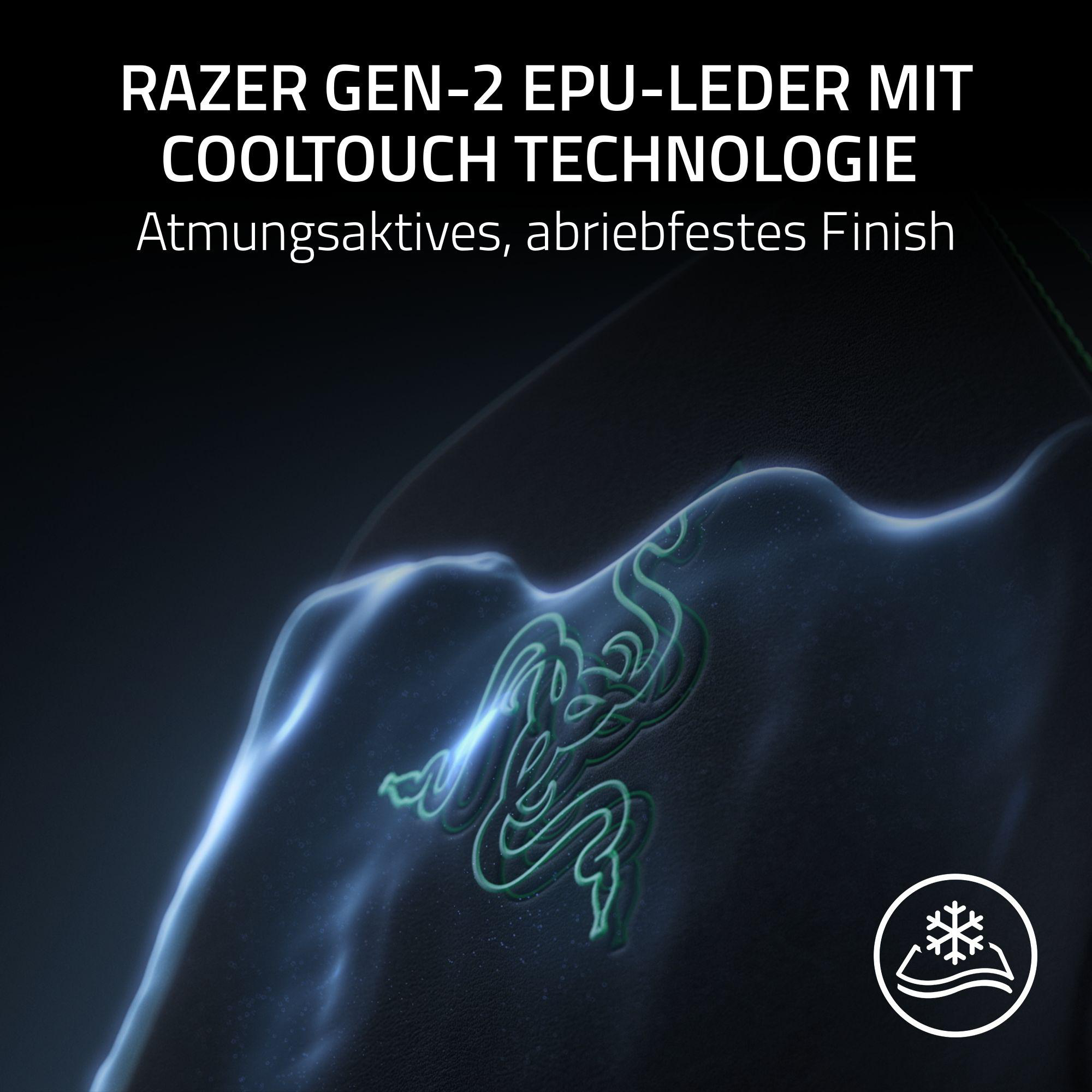 Razer Gen-2 EPU-Leder mit Cooltouch Technologie. Atmungsaktiv, abriebfest.