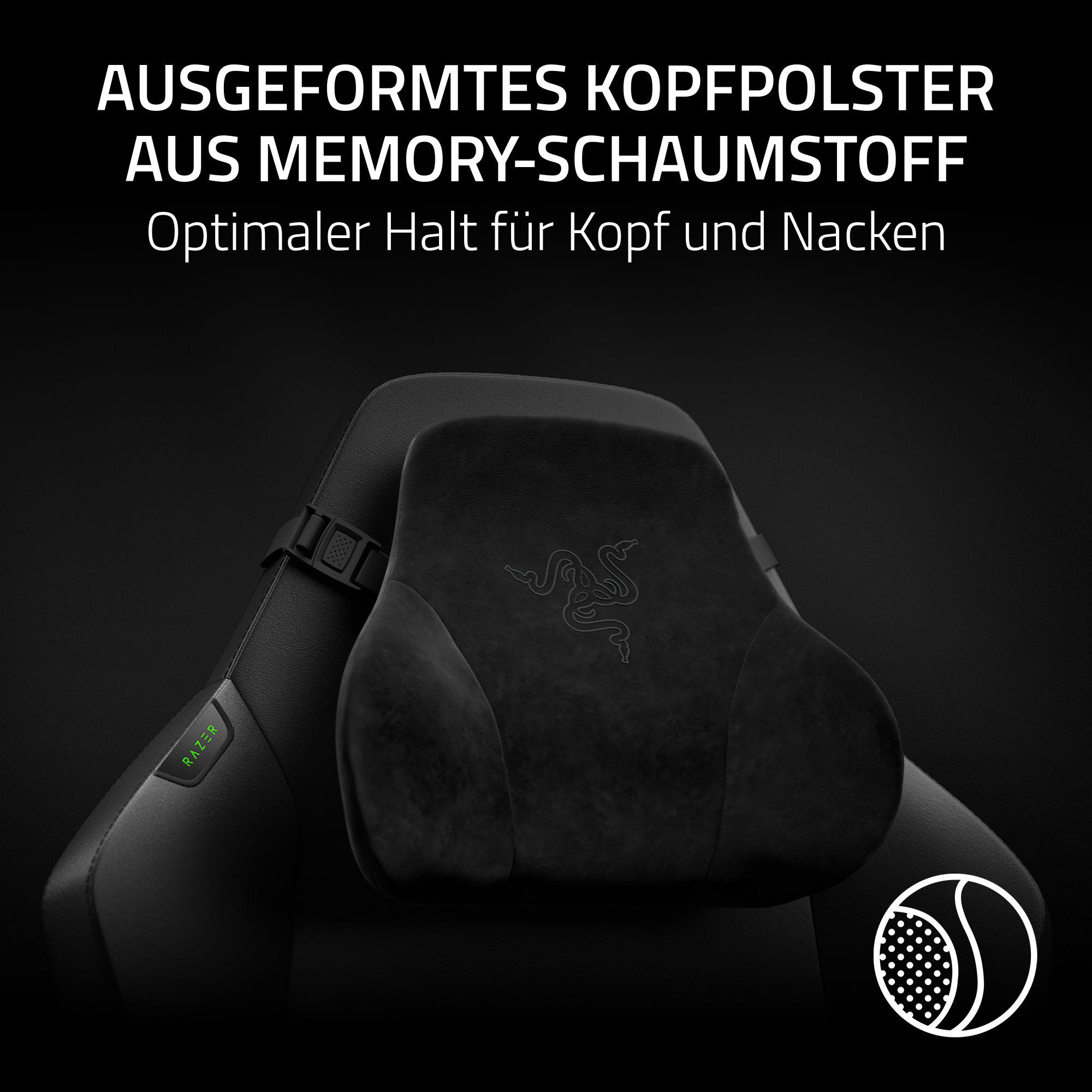 Schwarzes Nackenkissen mit Razer-Logo auf einem schwarzen Stuhl.