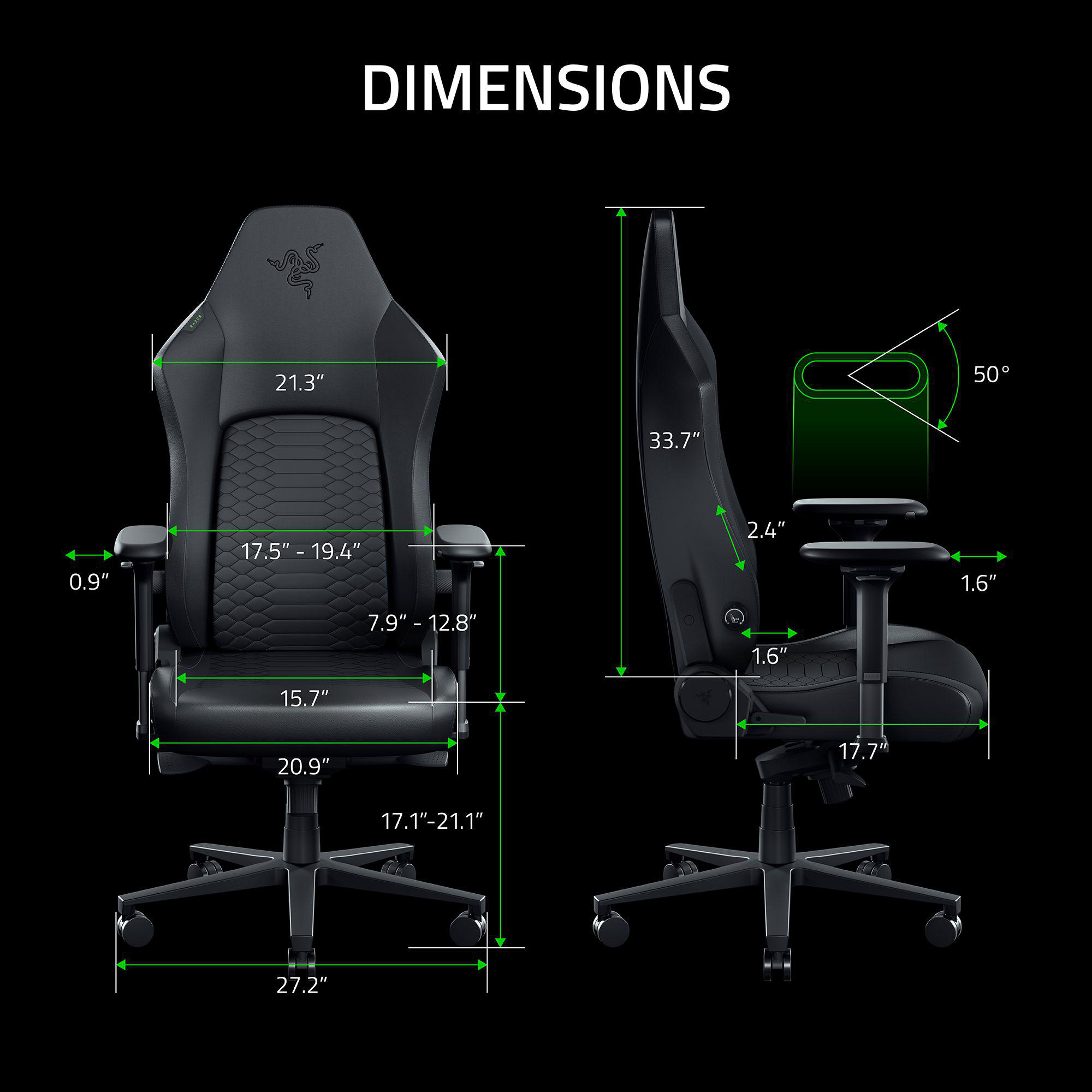 Seitenansichten eines schwarzen Razer-Stuhls mit Maßangaben.