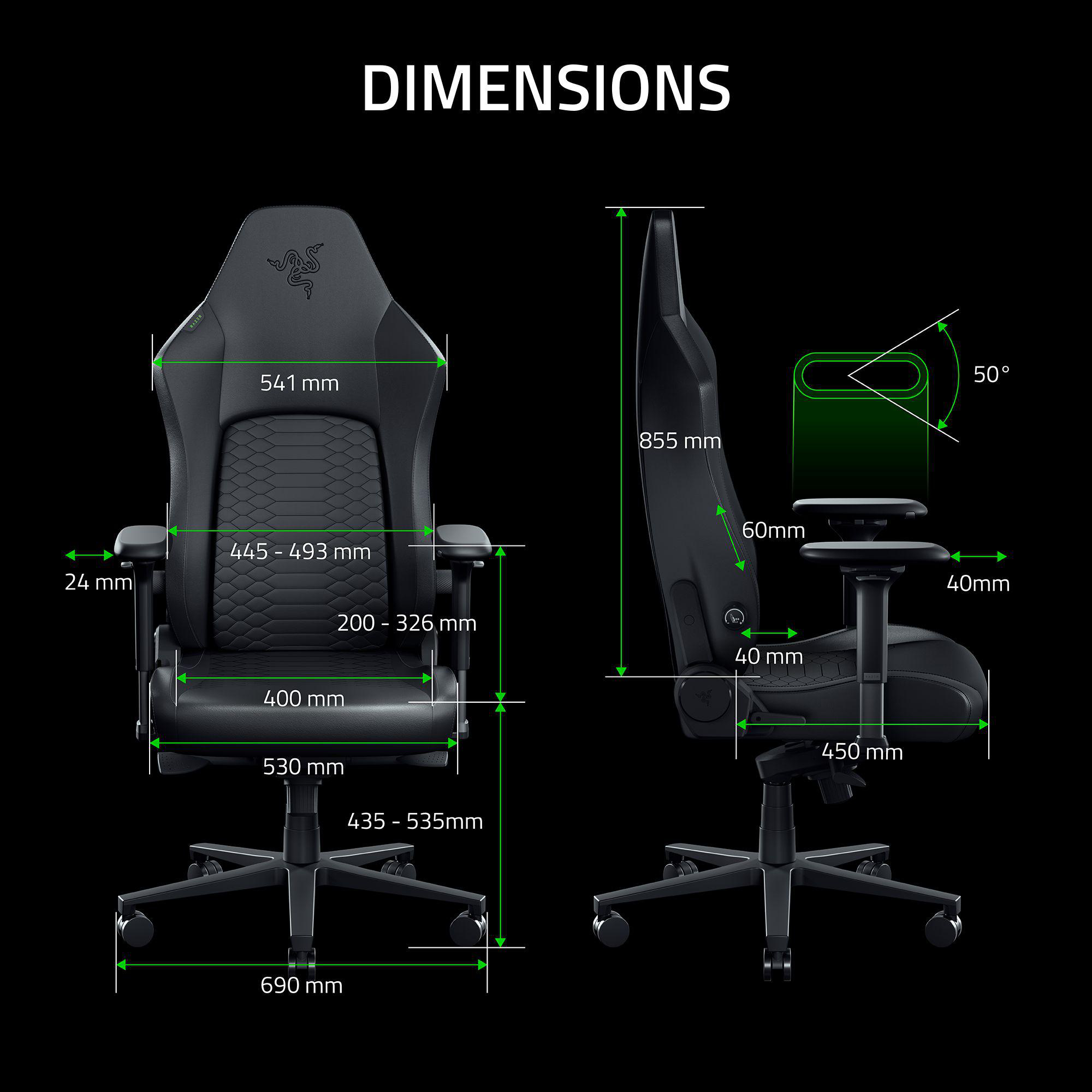 Schwarz Razer Stuhl mit Maßen: Breite 541mm, Höhe 855mm, Sitzhöhe 435-535mm.
