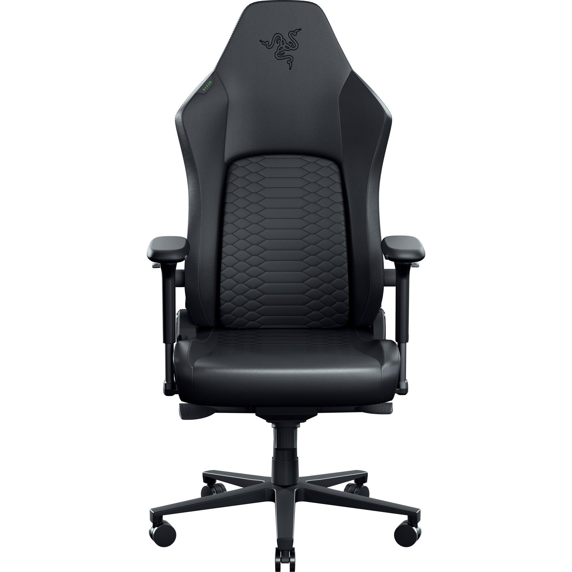 Ein schwarzer Razer Gaming-Stuhl mit einer texturierten Rückenlehne und Sitzfläche, mit dem Razer-Logo oben, auf weißem Hintergrund.