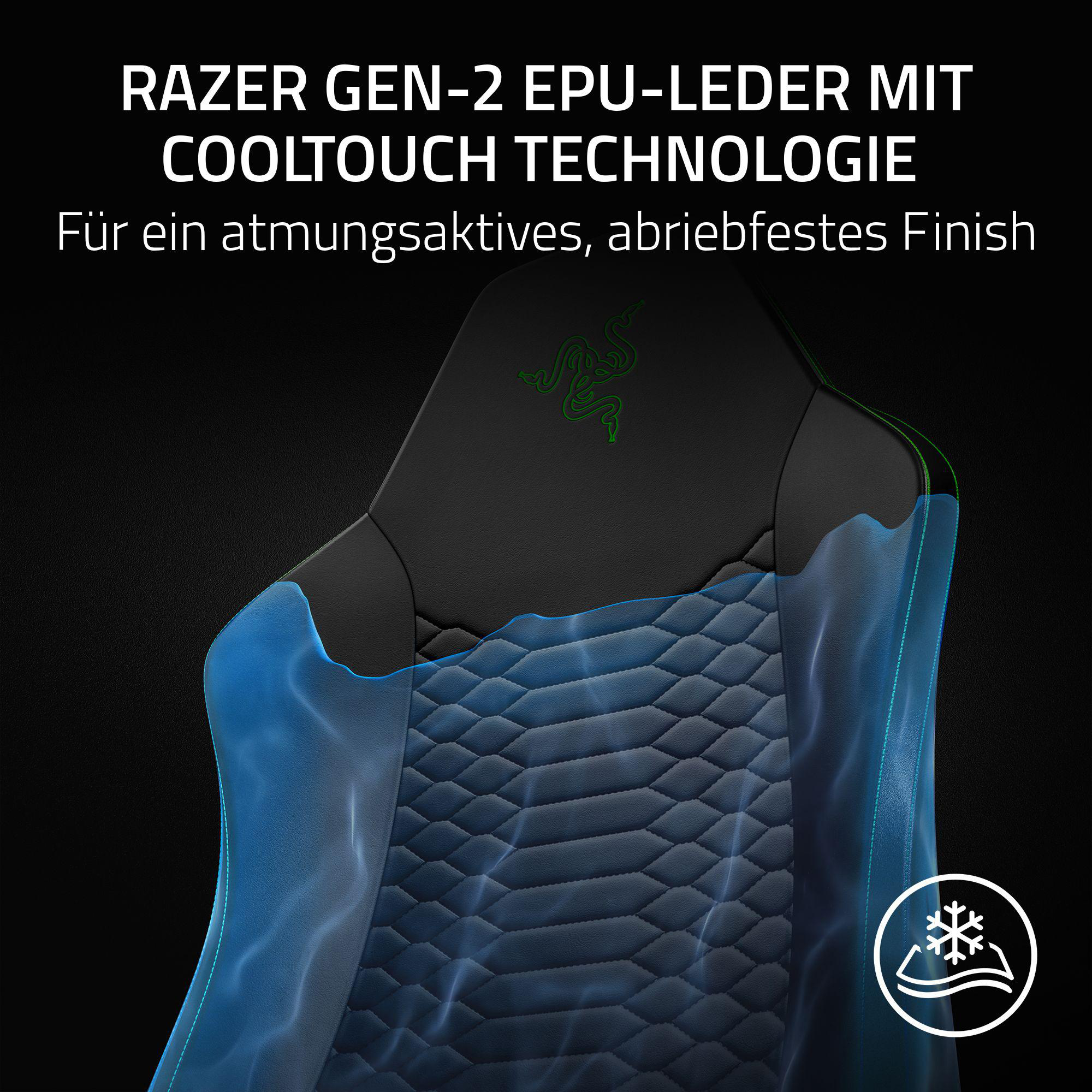 Razer Stuhl mit Cooltouch-Technologie und blauem Kühleffekt.