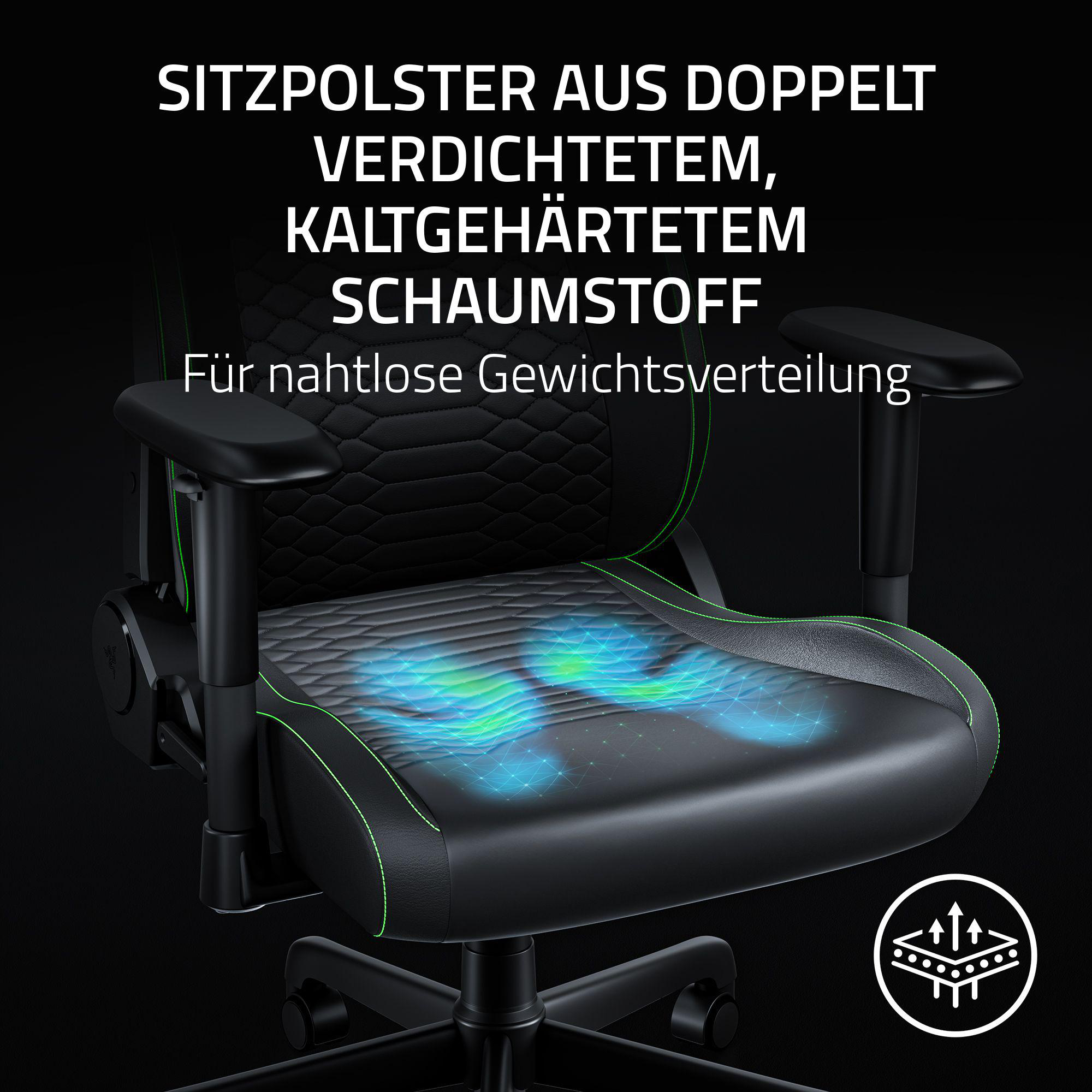 Schwarzer Gamingstuhl mit grünen Nähten, Sitzpolster mit blauen Wellen.