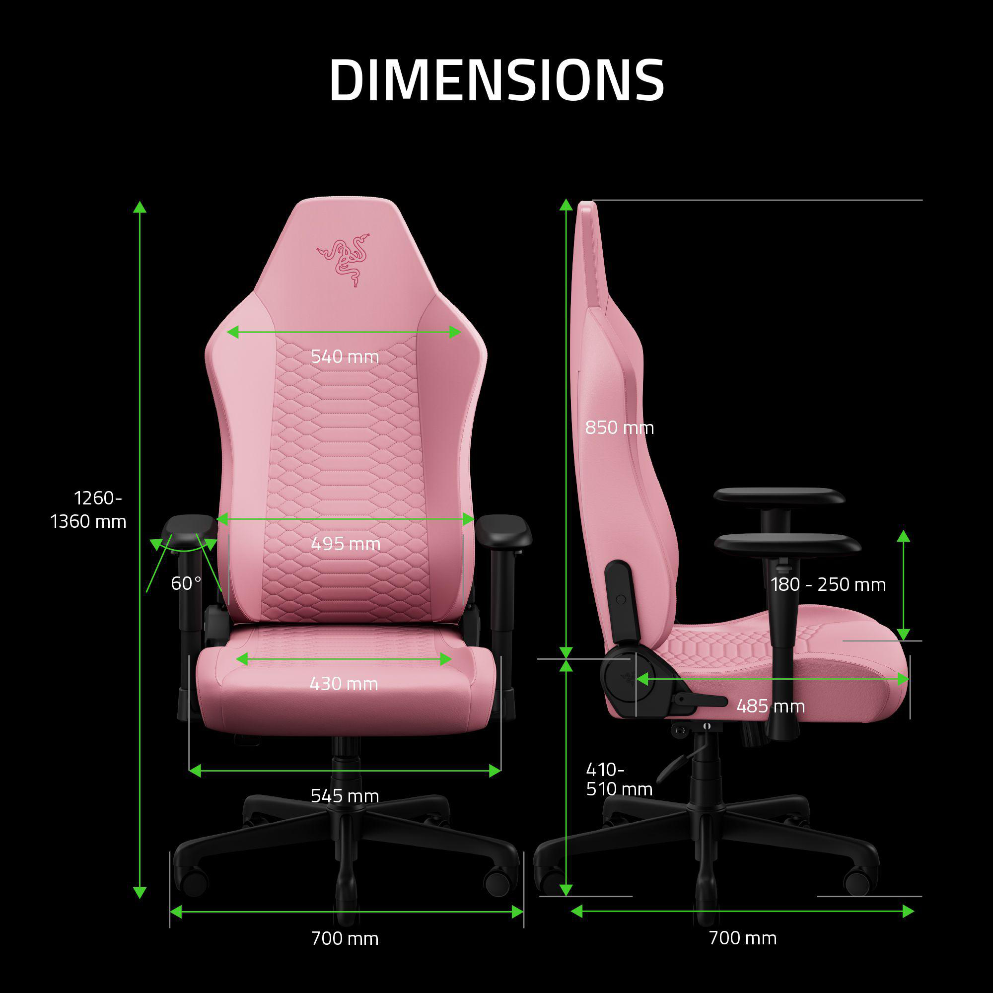 Abmessungen eines rosa Gaming-Stuhls mit Messungen für Höhe, Breite und Tiefe.