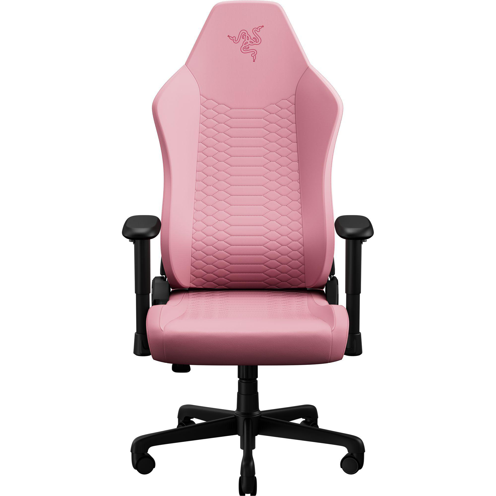 Ein rosafarbener Gaming-Stuhl mit schwarzer Basis und Razer-Logo.