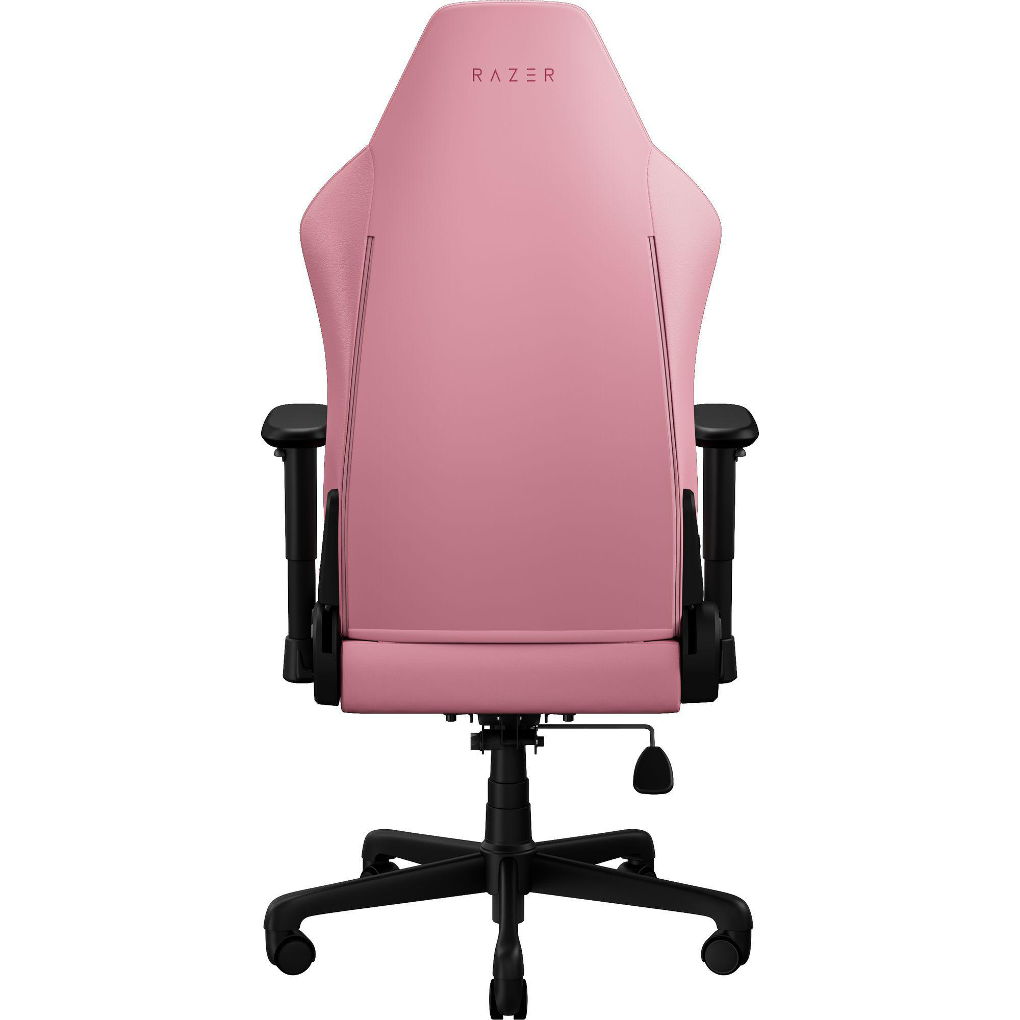 Ein pinker Gaming-Stuhl mit schwarzer Basis und Armlehnen. "RAZER" steht oben.