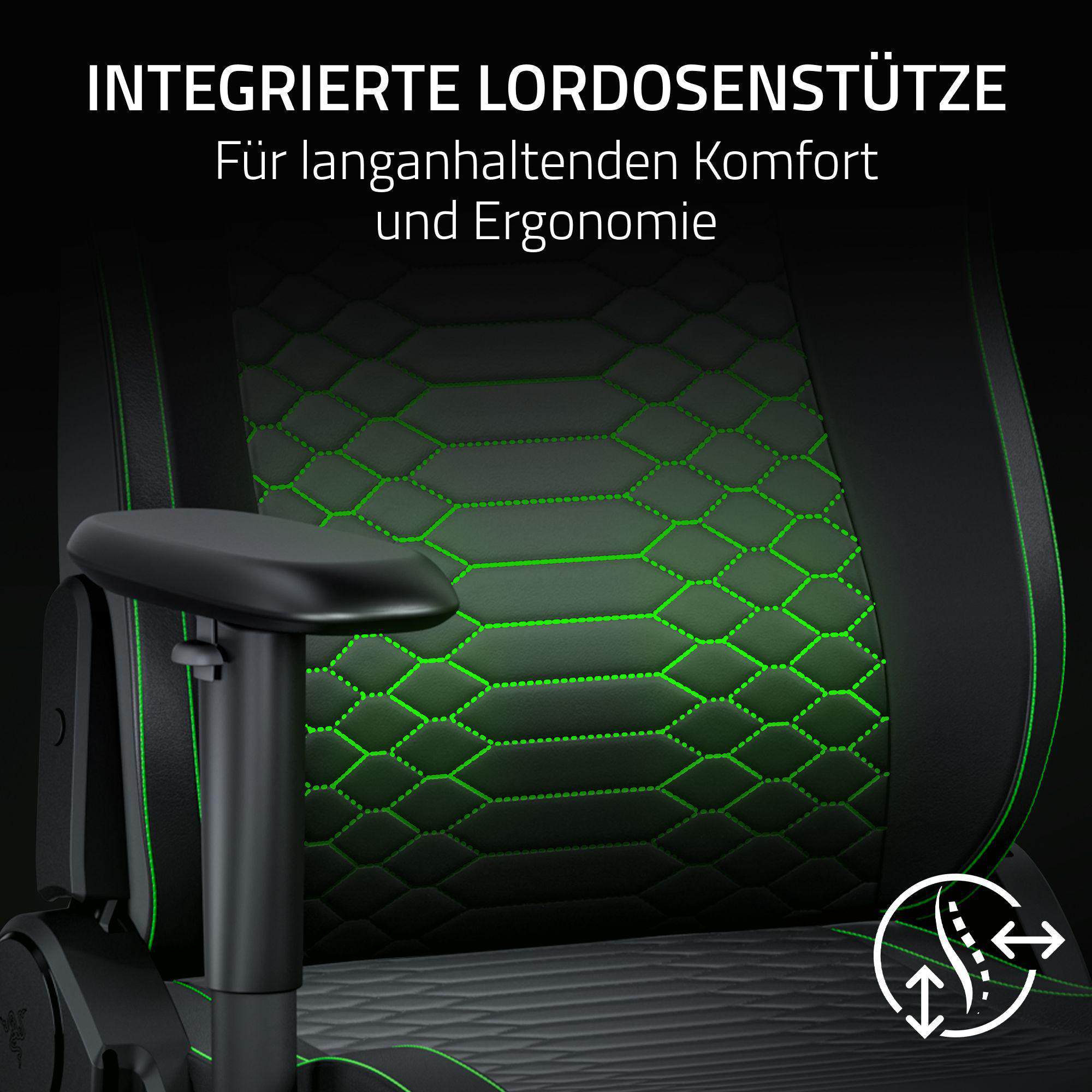 Schwarzer Gamingstuhl mit grünen Nähten und Lendenwirbelstütze-Symbol.