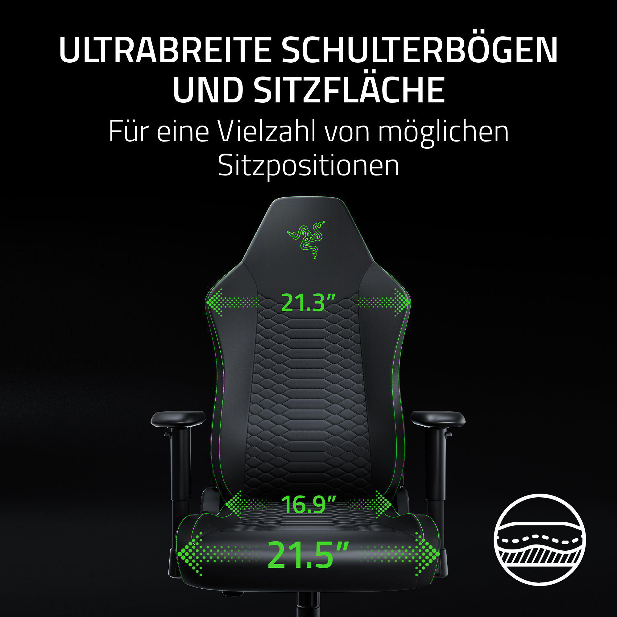 Schwarzer Gamingstuhl mit grünen Akzenten und Maßen für Sitzfläche und Rücken.