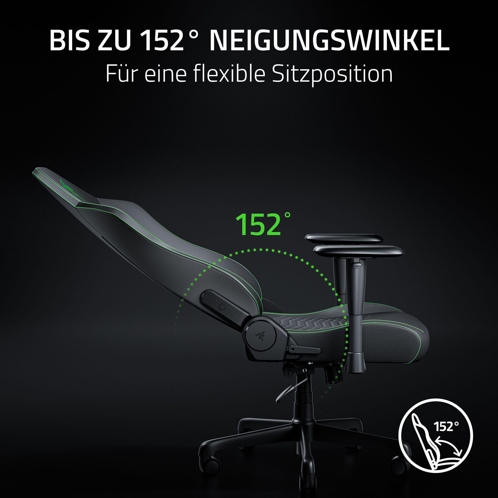Schwarzer Gamingstuhl mit neigbarer Rückenlehne bis 152 Grad.