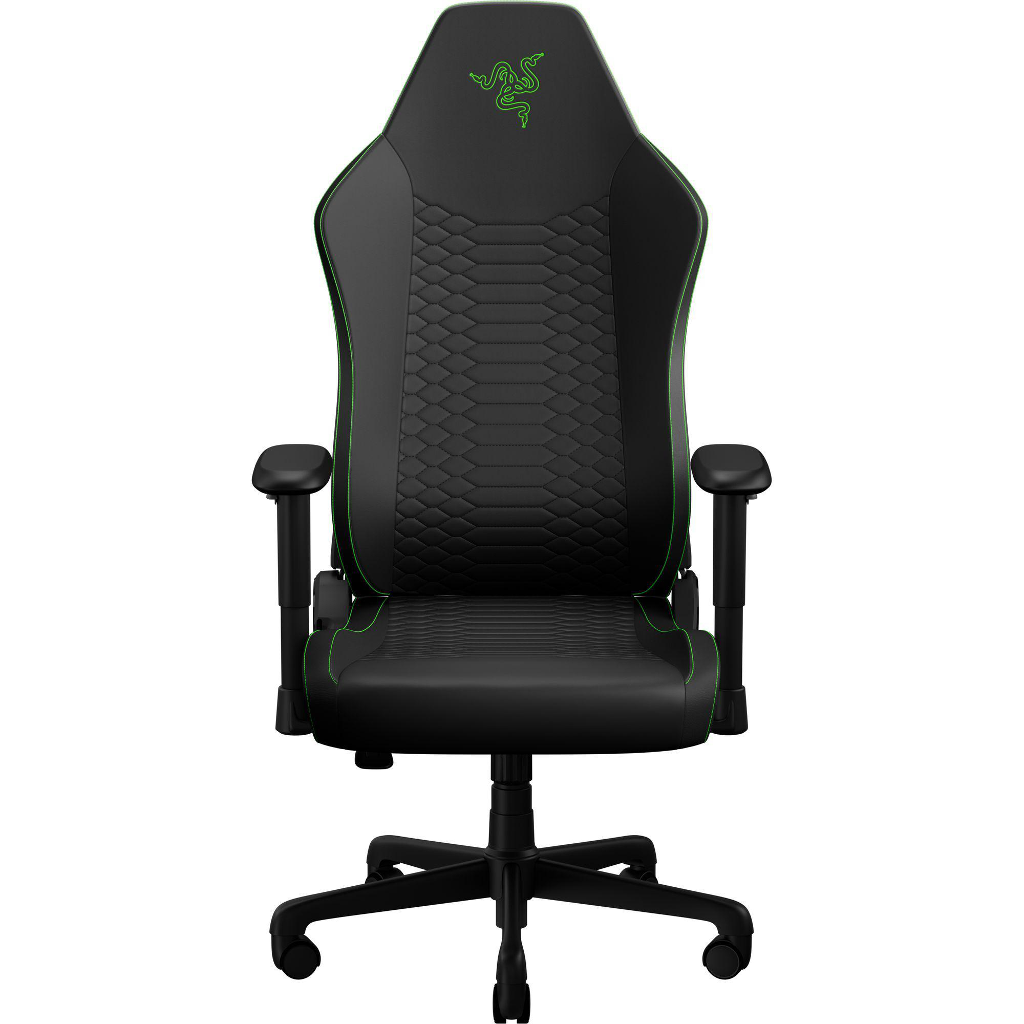 Schwarzer Gamingstuhl mit grünen Akzenten und Schlangenlogo.
