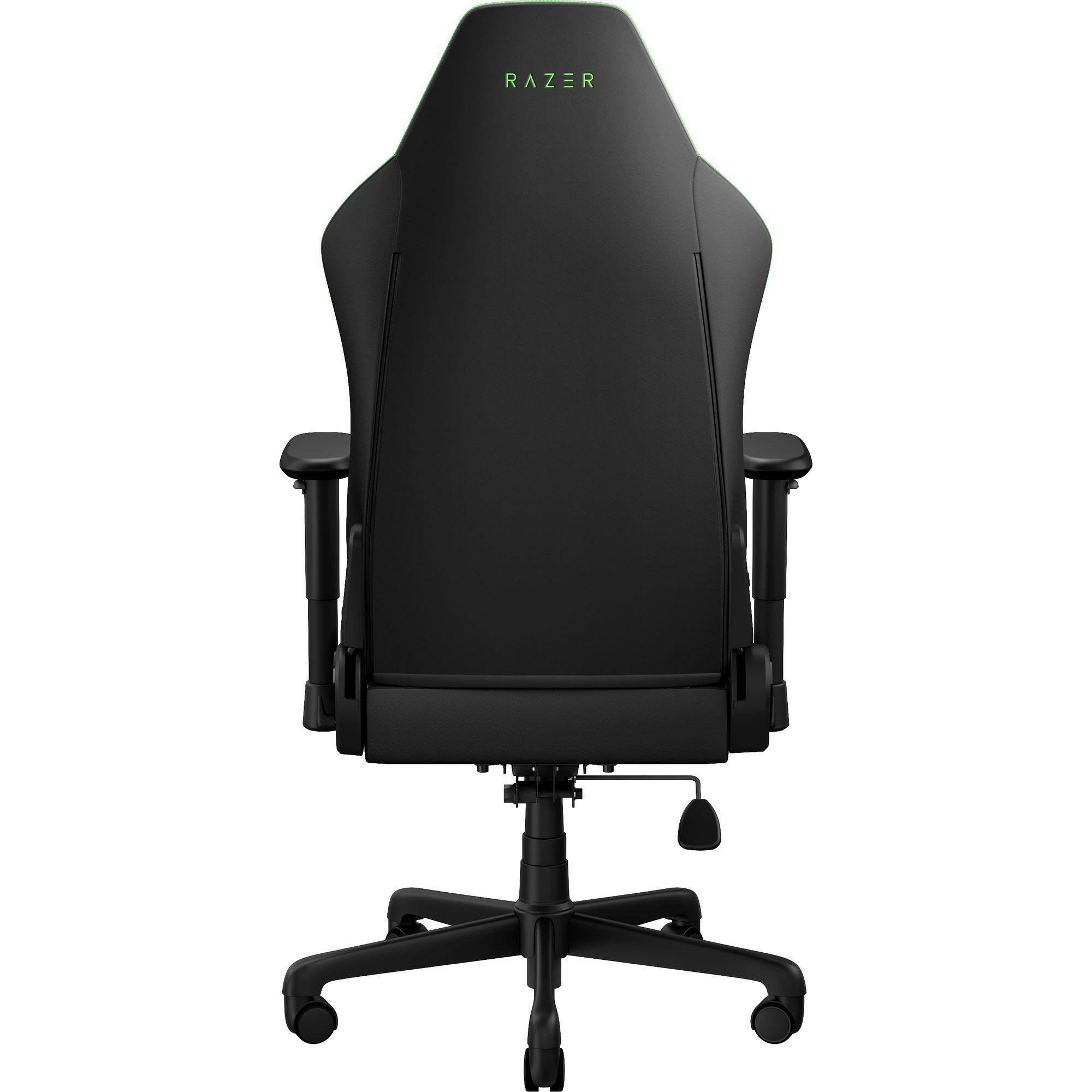 Schwarzer Gaming-Stuhl mit Razer-Logo und grünen Akzenten, von hinten.