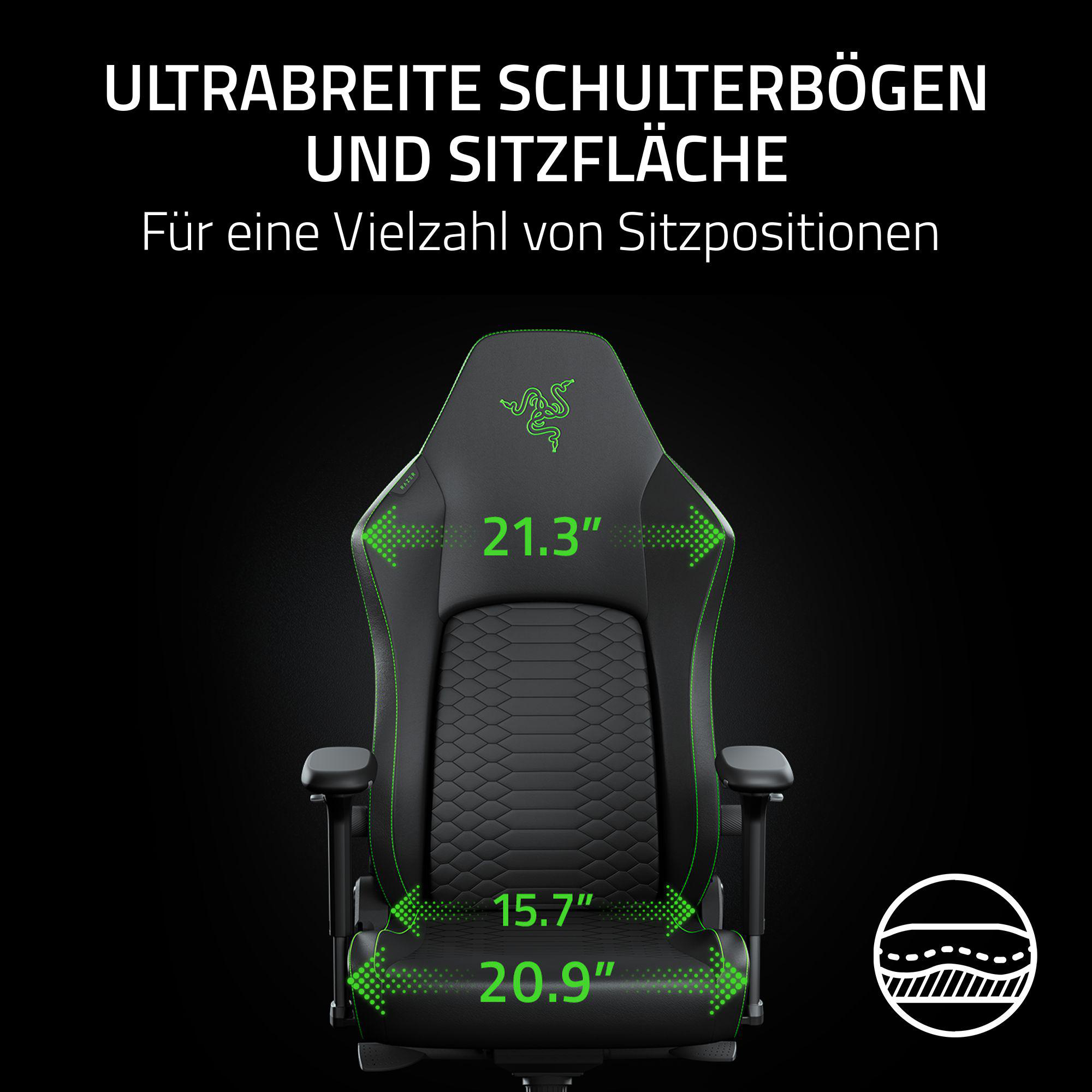 Schwarzer Gaming-Stuhl mit grünen Akzenten und Maßen 21.3" / 15.7" / 20.9".
