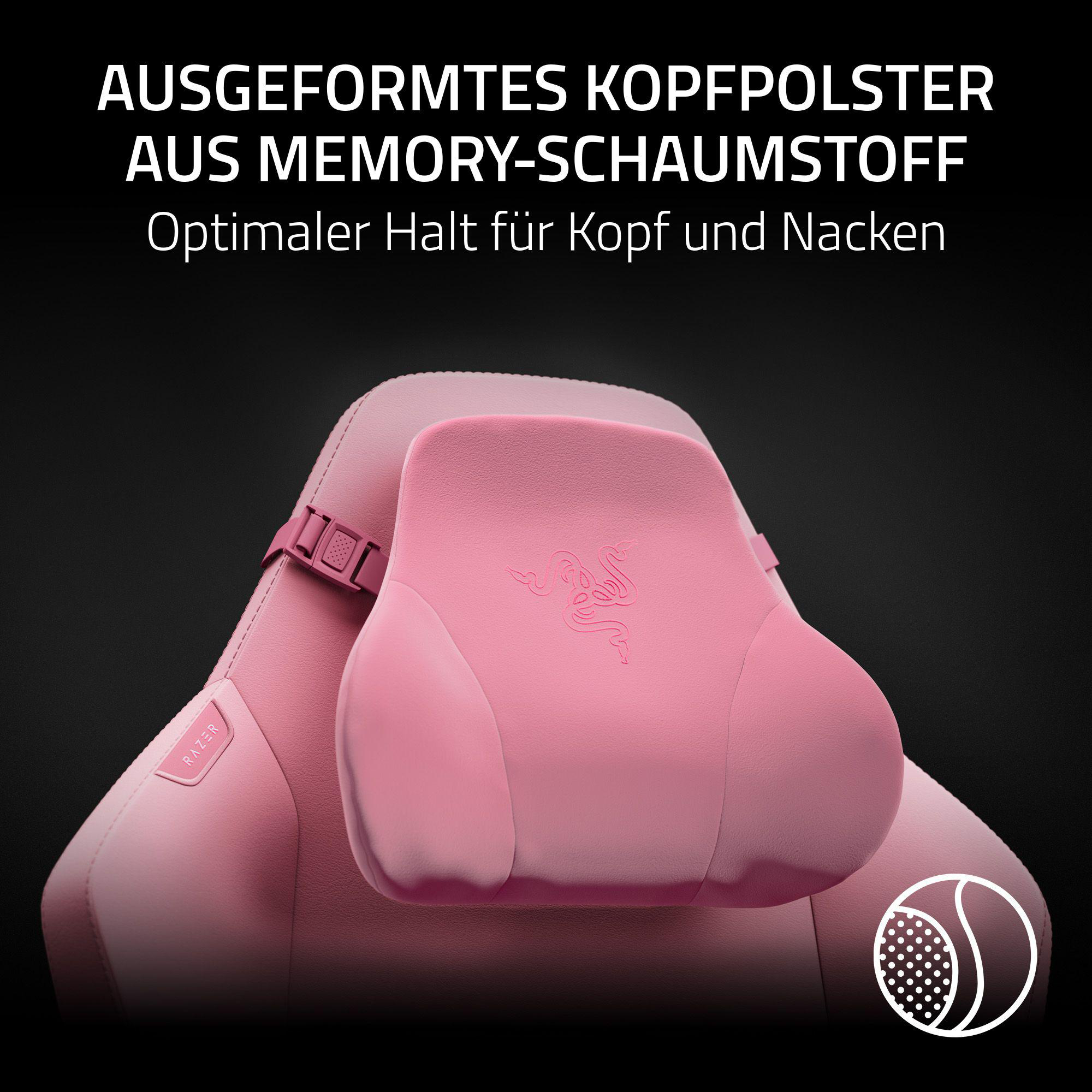 Ein rosa Nackenkissen mit Razer-Logo auf einem Stuhl.