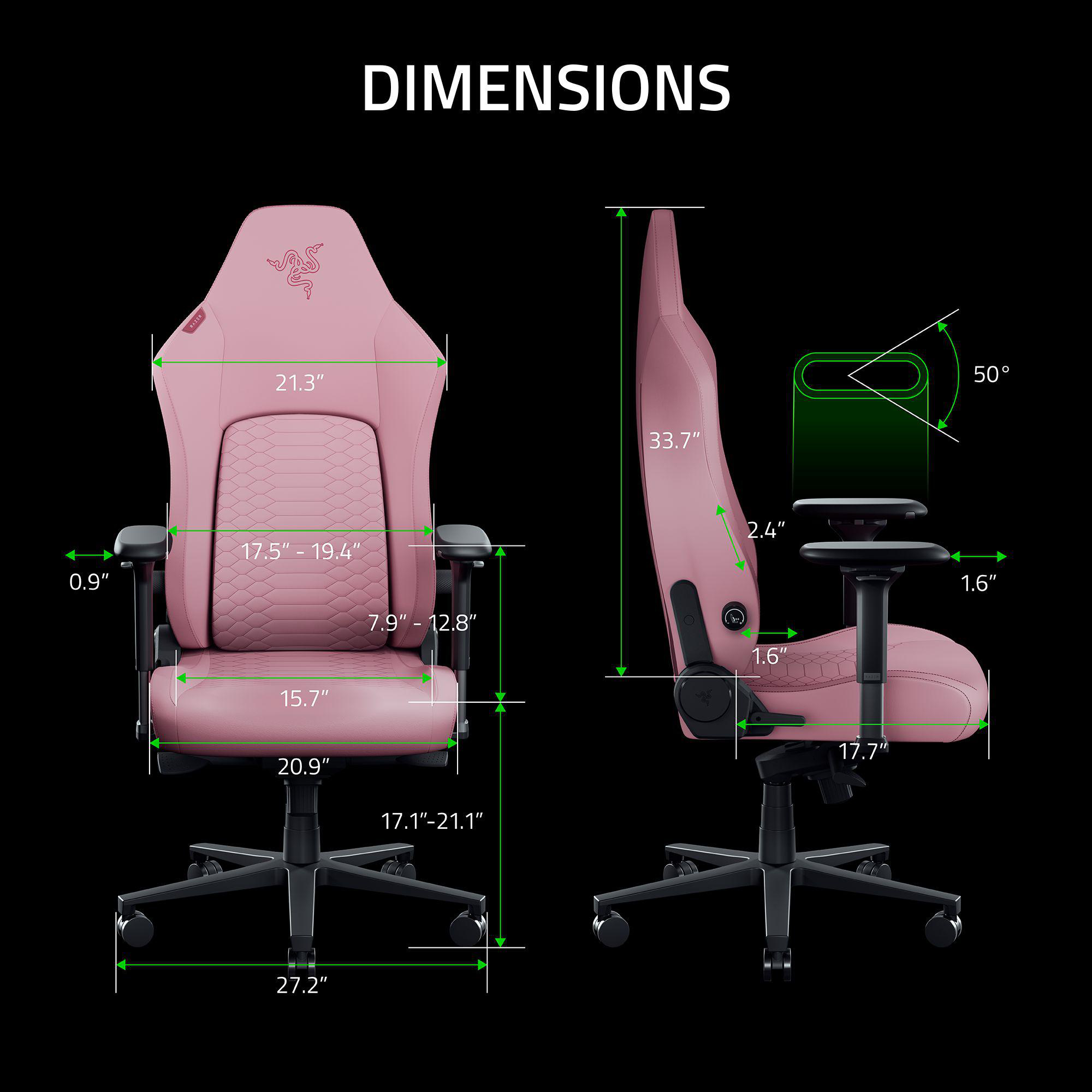 Rosa Razer Gaming Stuhl mit Maßangaben.