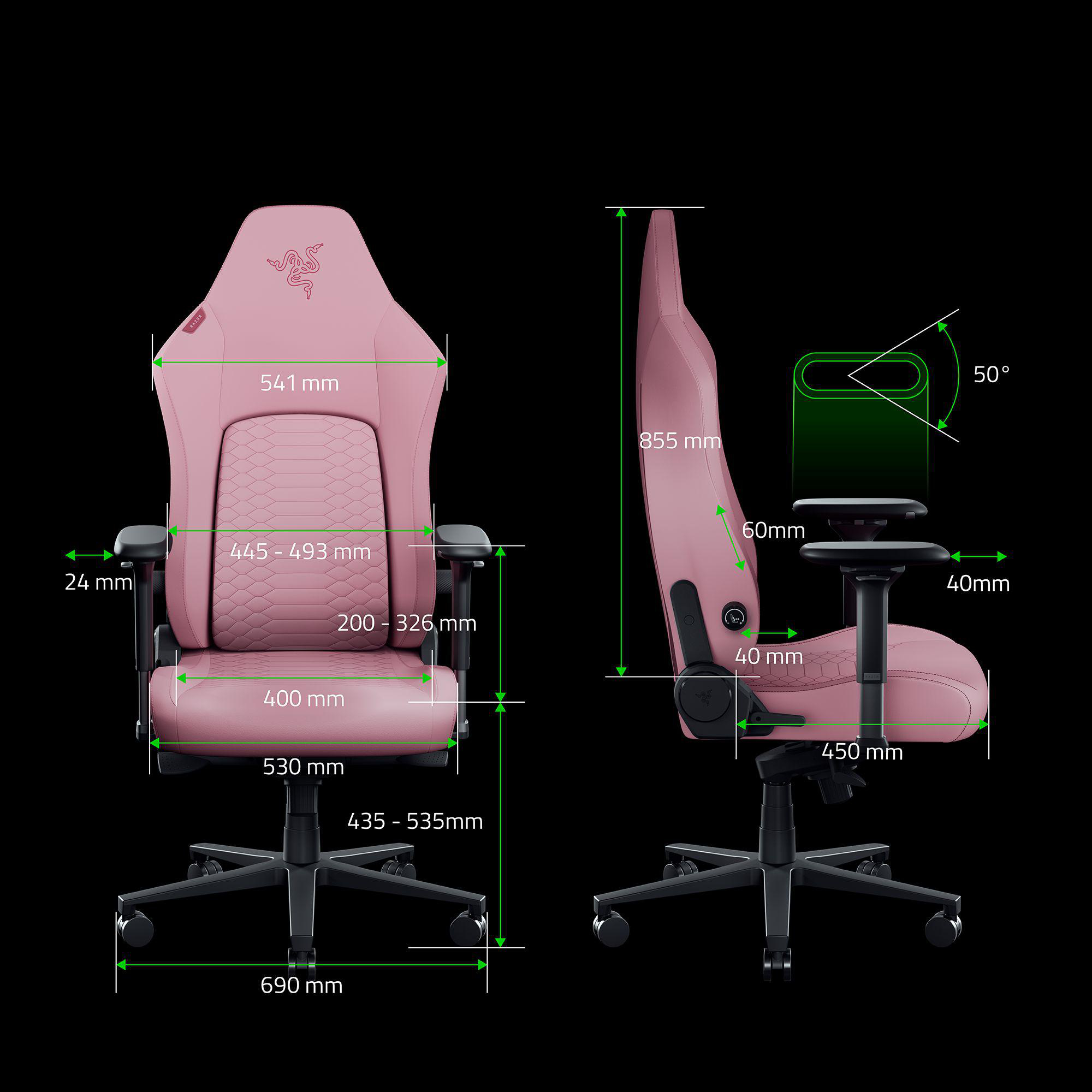 Ein rosafarbener Gaming-Stuhl mit detaillierten Abmessungen für verschiedene Teile. Vorder- und Seitenansichten sind mit Maßen in mm dargestellt.