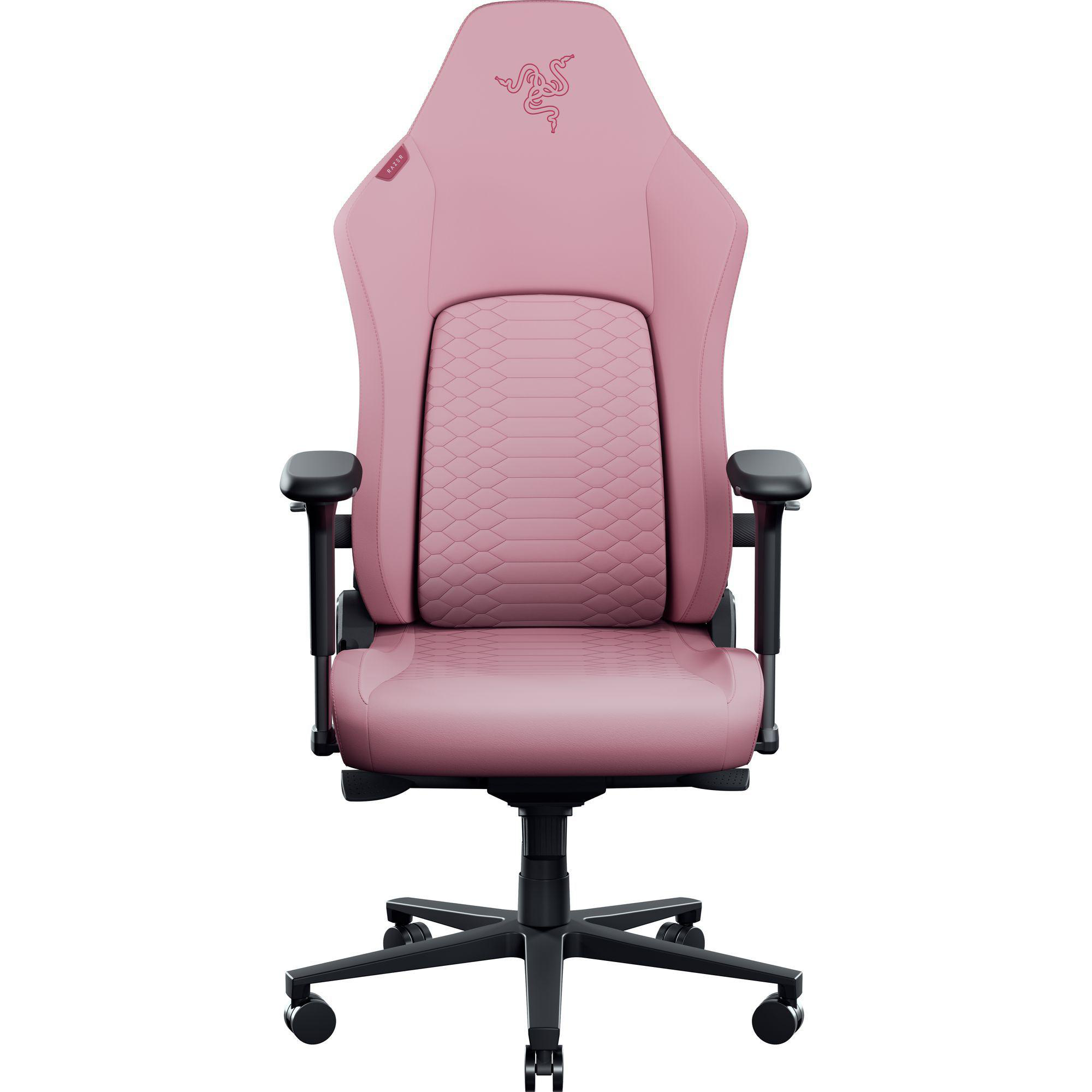 Eine Vorderansicht eines pinkfarbenen Razer Gaming-Stuhls mit schwarzen Armlehnen und Basis, mit einer texturierten Rückenlehne.