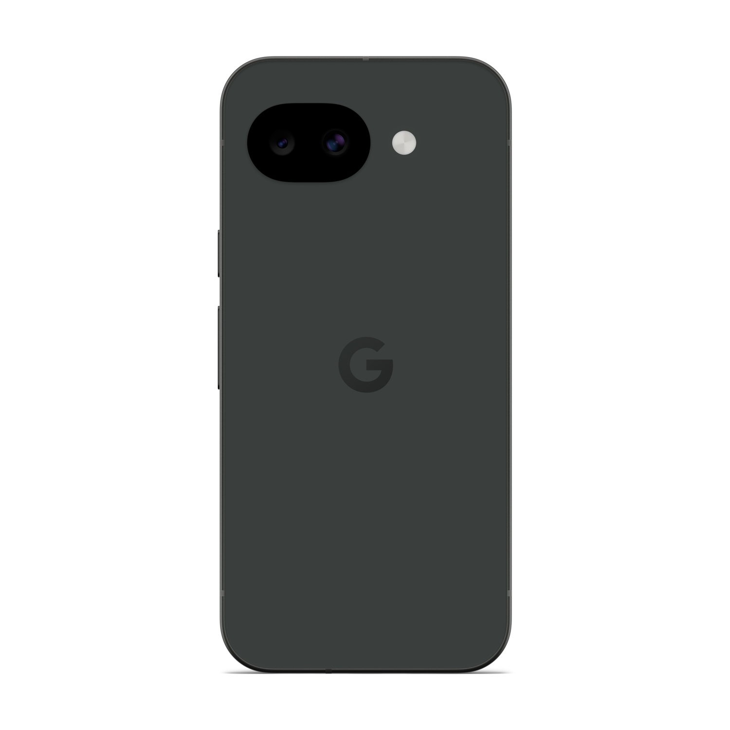 Uno smartphone grigio scuro con doppia fotocamera e flash nell'angolo in alto a sinistra, e un logo 'G' al centro.