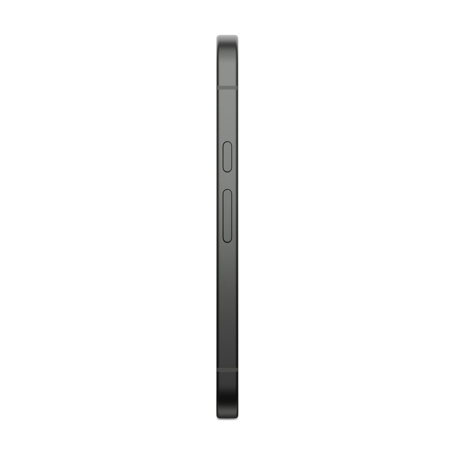 Smartphone grigio di profilo con pulsanti. Spazio bianco a sinistra.