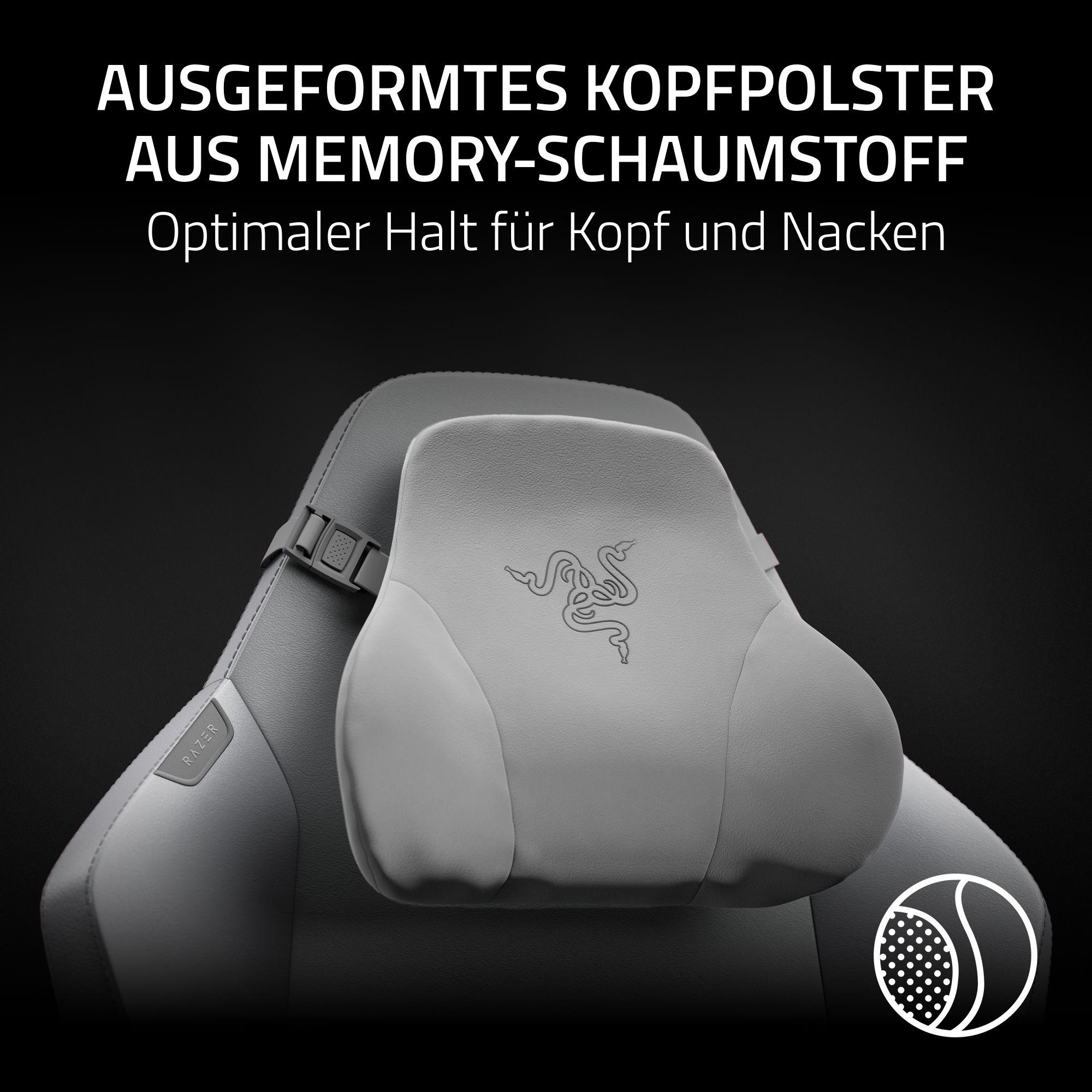 Graues Nackenkissen mit Razer-Logo auf einem schwarzen Stuhl.