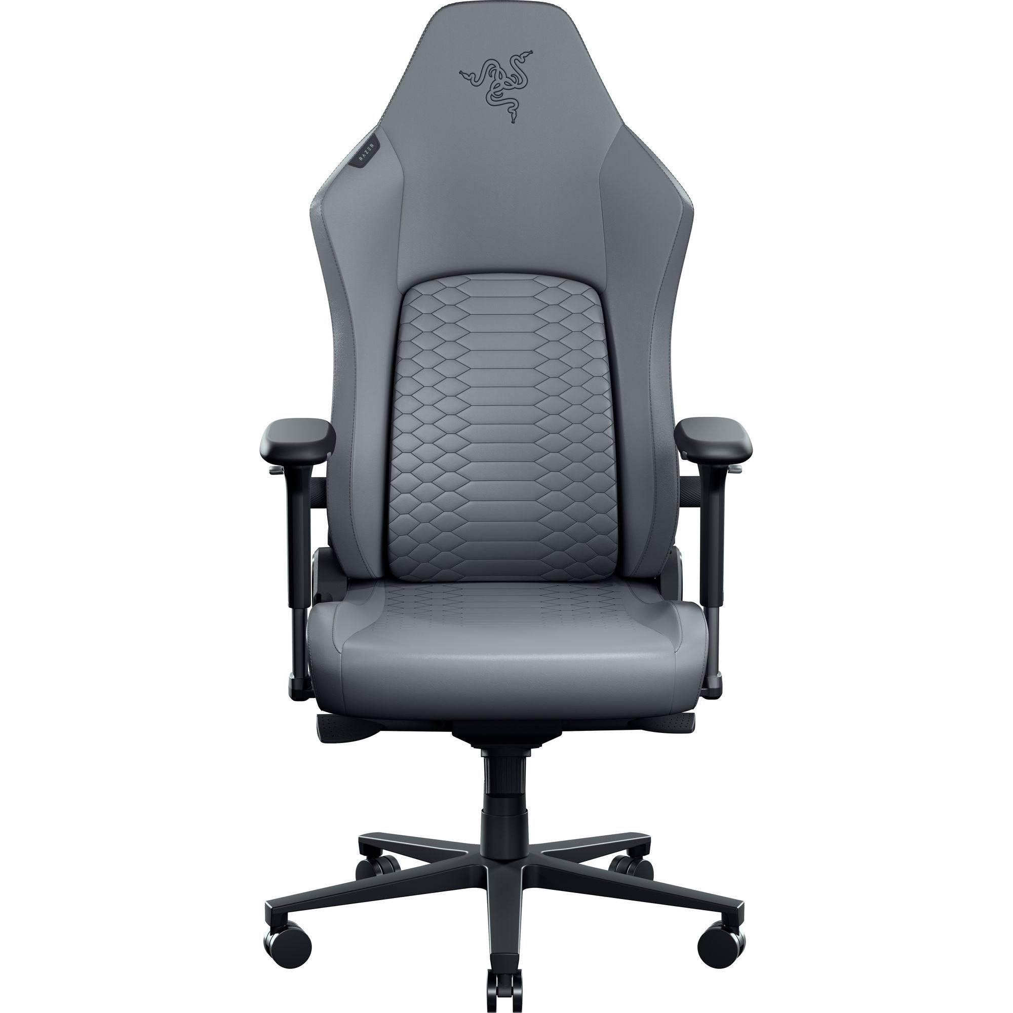 Ein grauer Gaming-Stuhl mit Schlangenmuster-Akzent und Razer-Logo.