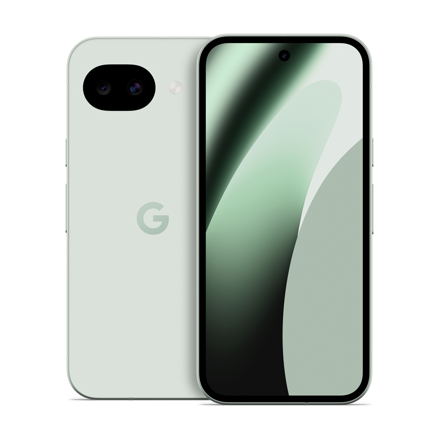 Due smartphone verde chiaro; uno frontale con schermo scuro, l'altro posteriore con logo 'G'.