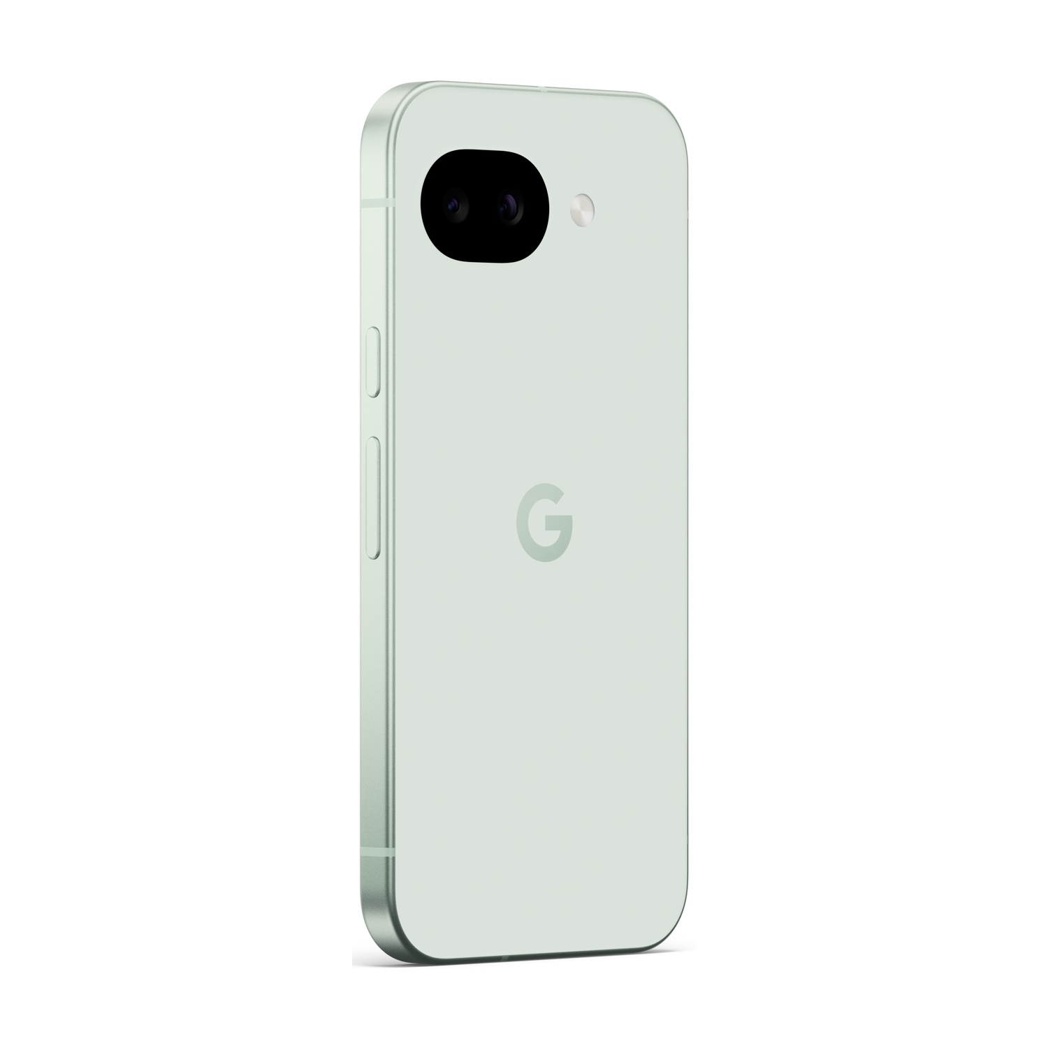 Uno smartphone verde chiaro con due fotocamere e logo Google sul retro.