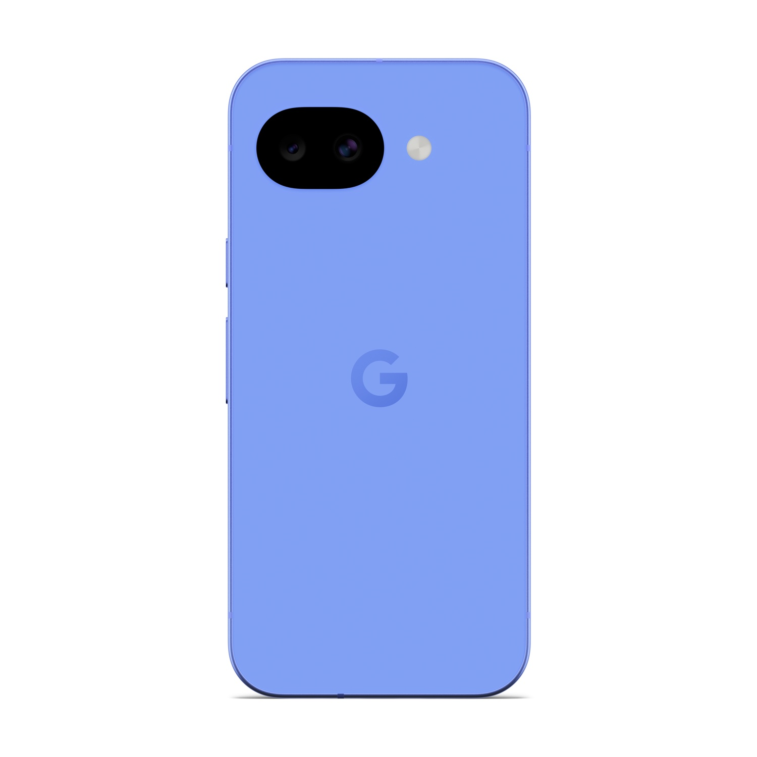 Uno smartphone blu chiaro con doppia fotocamera e logo Google sul retro.