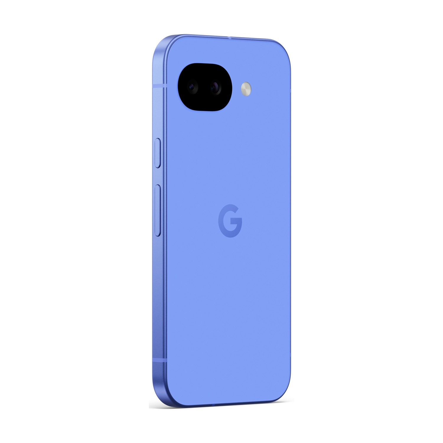 Un telefono Google Pixel blu pervinca con due fotocamere posteriori e logo G.