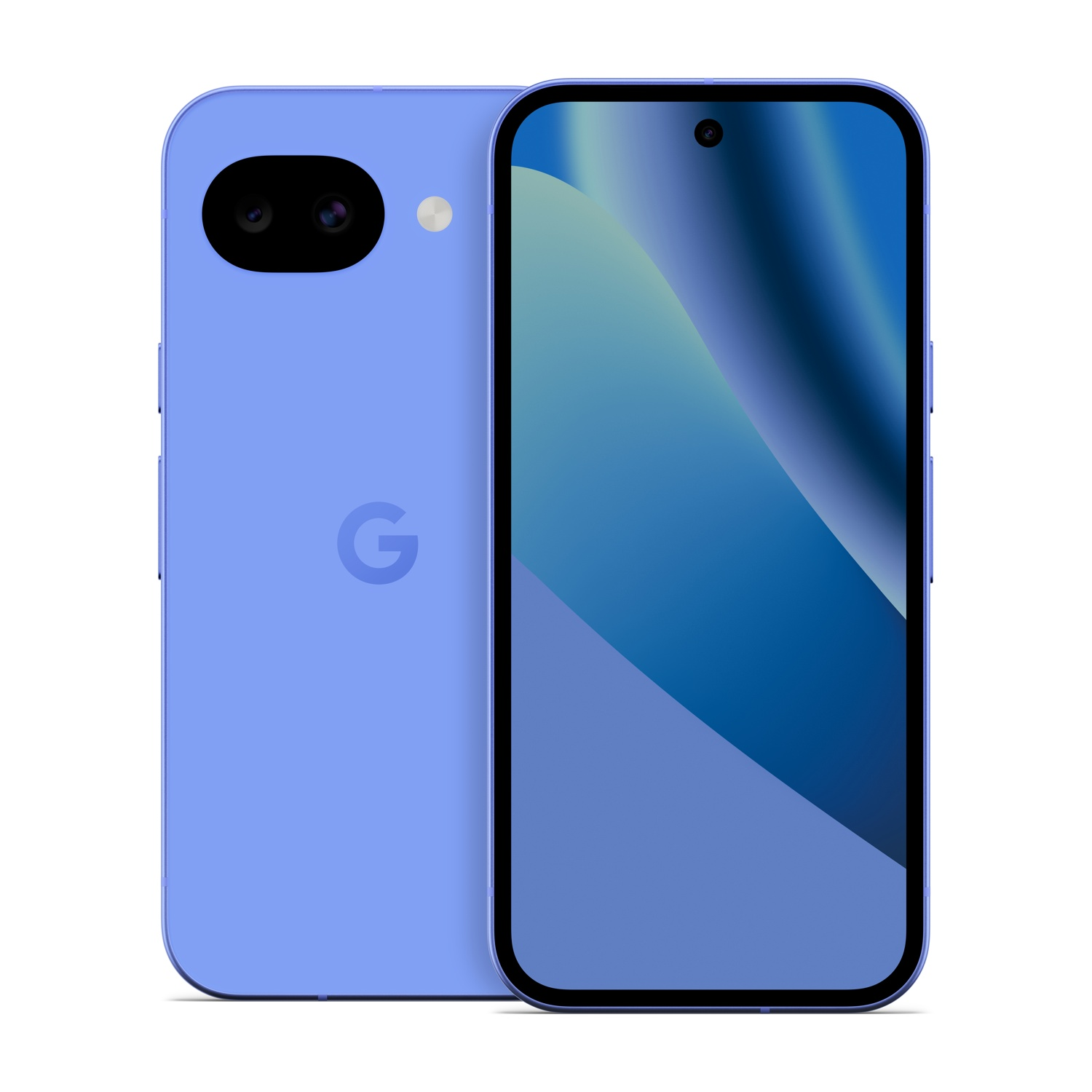 Uno smartphone azzurro con doppia fotocamera posteriore e logo Google.