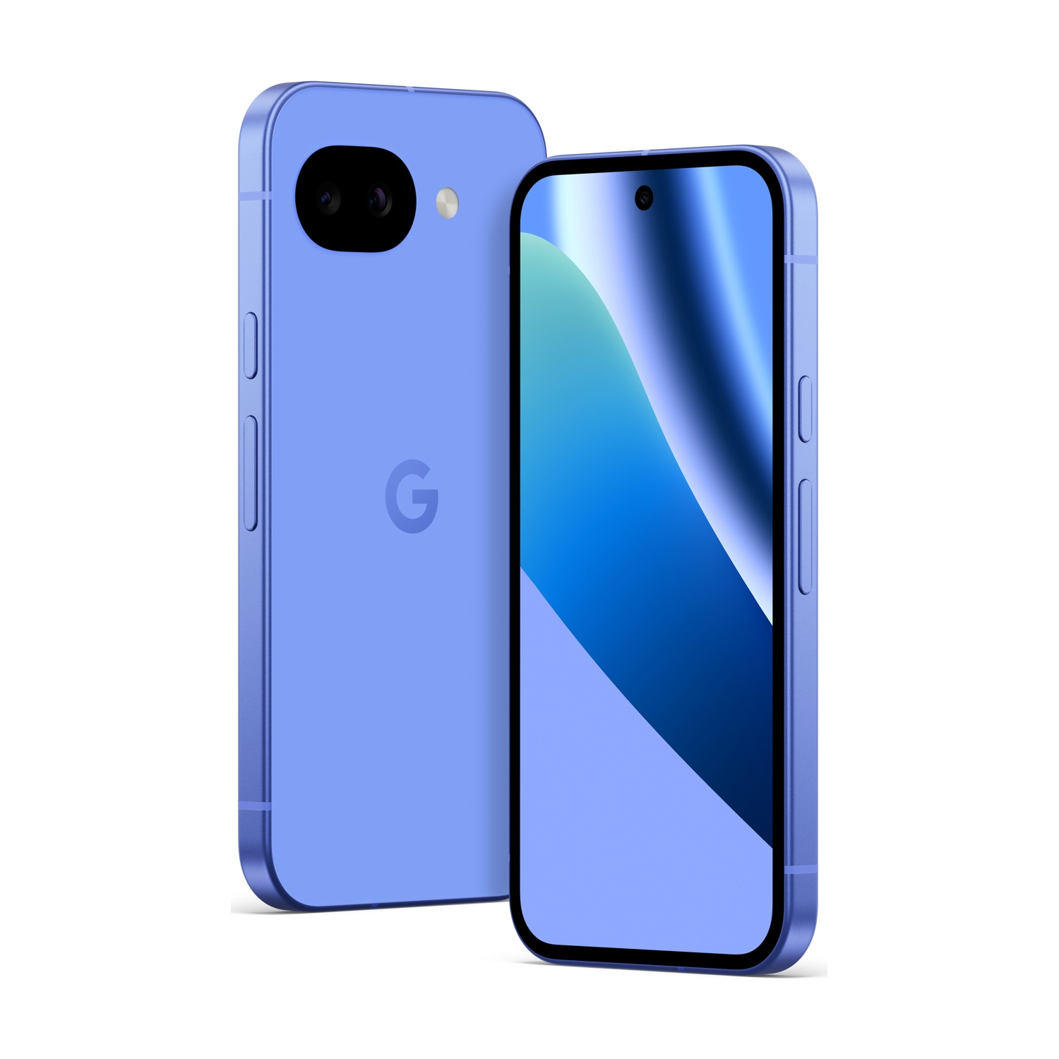 Due smartphone blu pervinca su sfondo bianco. Un telefono mostra il retro con una fotocamera e un logo "G".