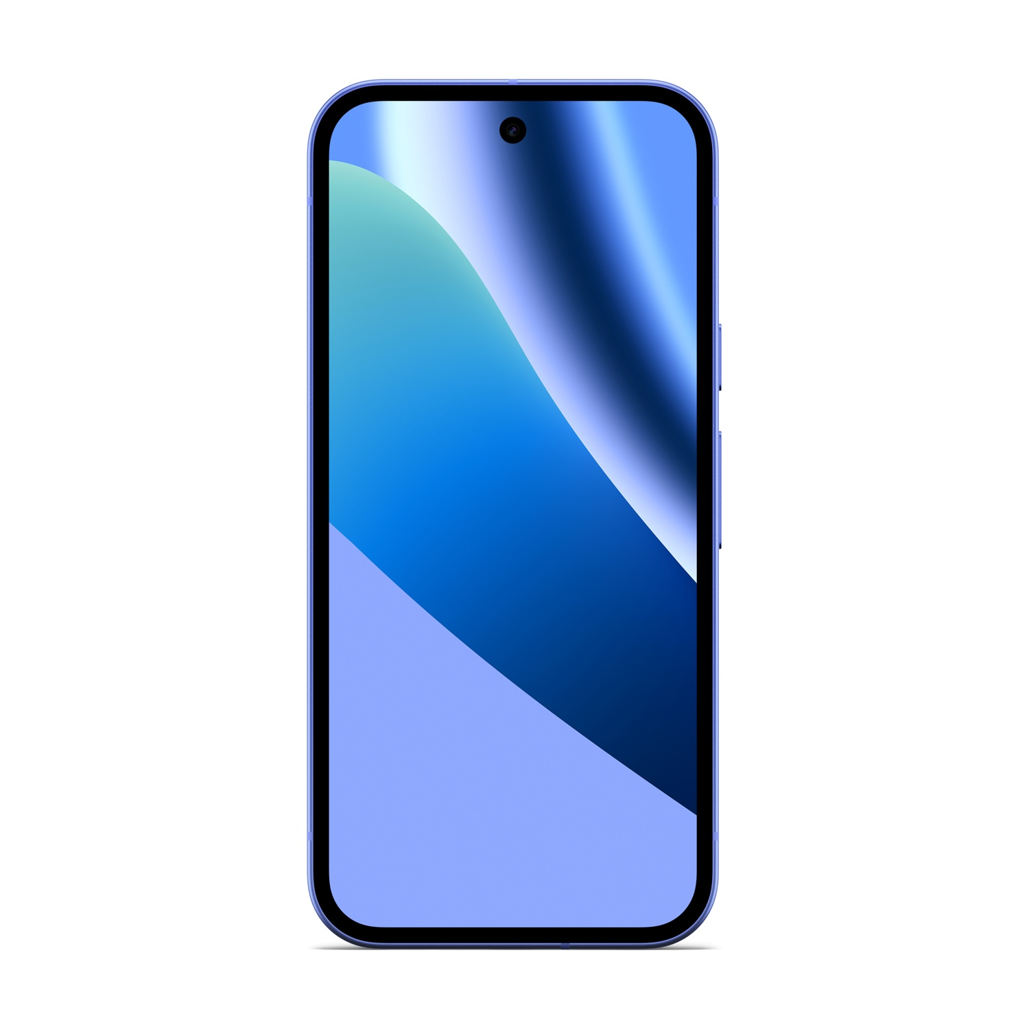 Uno smartphone viola con uno sfondo astratto blu e azzurro è mostrato verticalmente su uno sfondo bianco.
