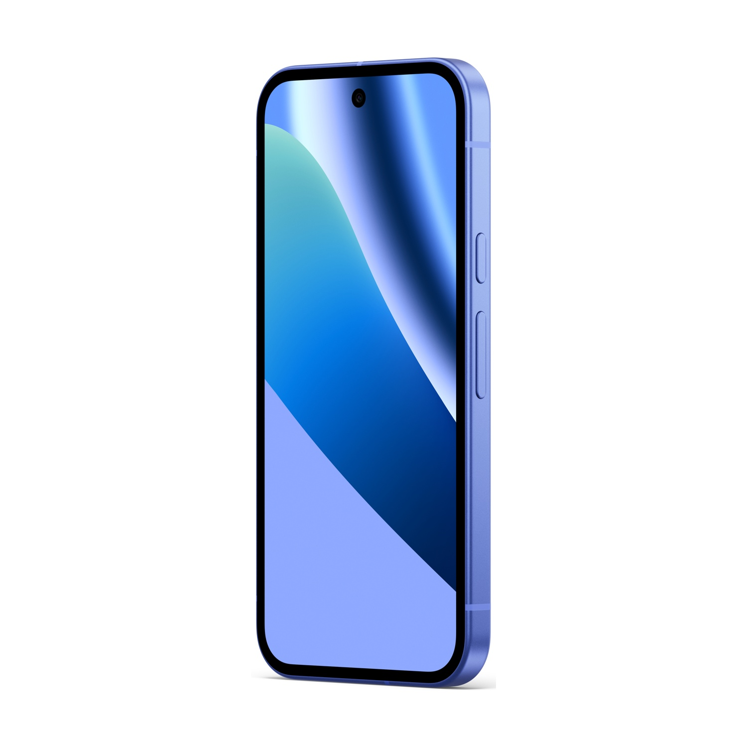 Uno smartphone lavanda con schermo blu e sfondo blu scuro, angolato per mostrare i pulsanti laterali.