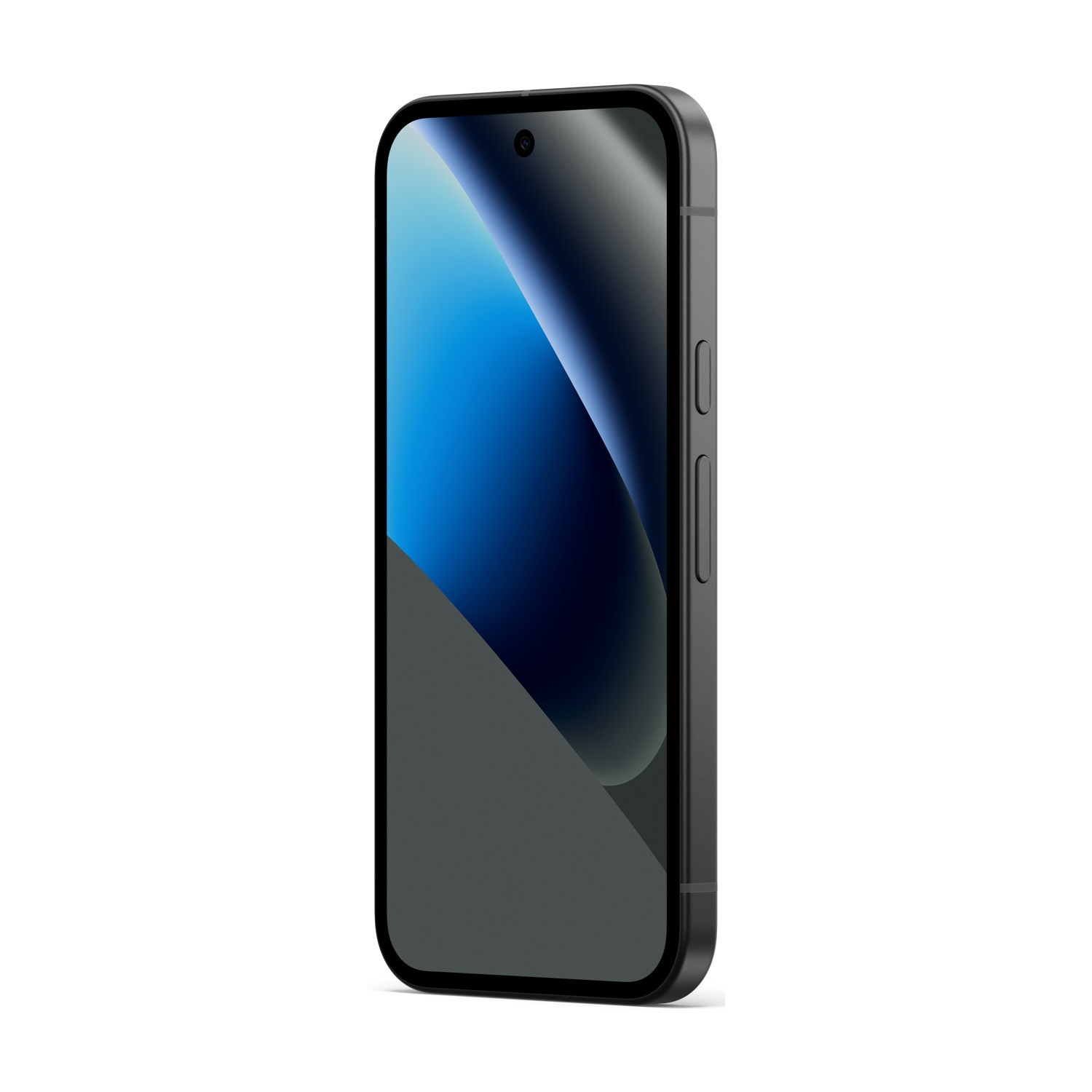 Uno smartphone nero è in piedi, leggermente angolato a destra, su sfondo bianco. Lo schermo mostra un design astratto blu e grigio.