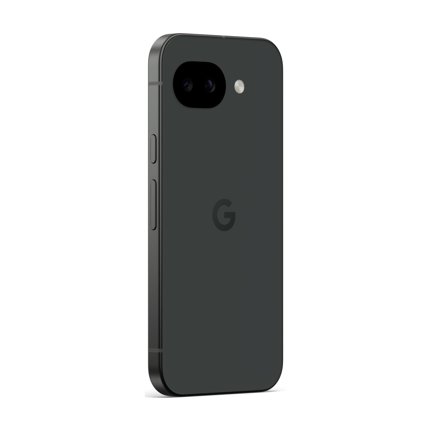 Uno smartphone grigio scuro con obiettivo della fotocamera e flash nell'angolo in alto a sinistra e un logo Google 'G' centrato sul retro.