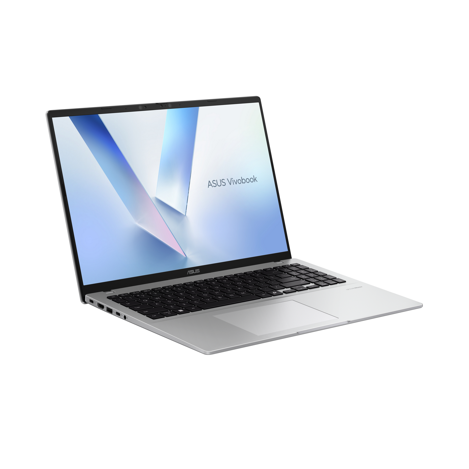 Un portátil Asus Vivobook plateado con la tapa abierta, mostrando teclado y touchpad.