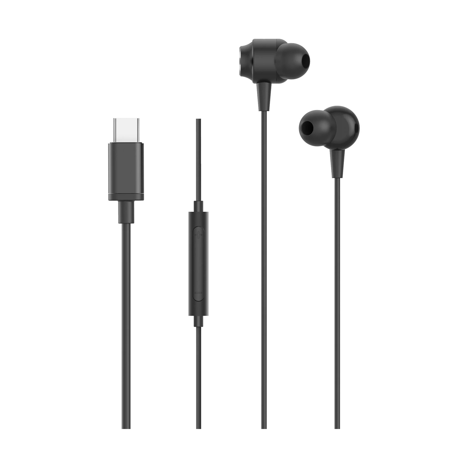 Auricolari neri con connettore USB-C e telecomando in linea.