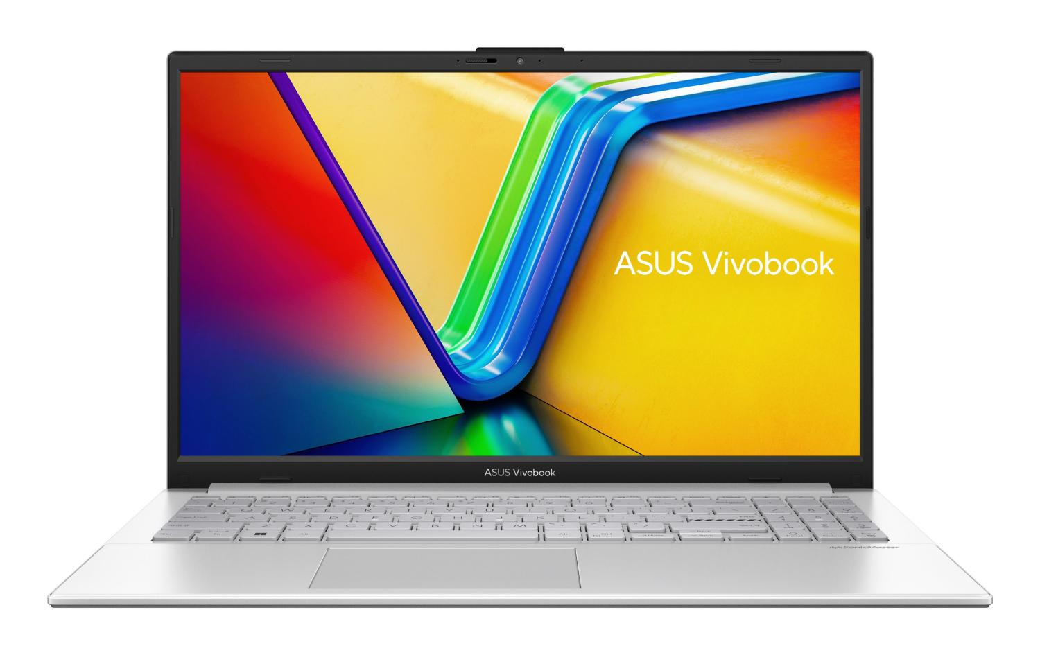 Un portátil Asus Vivobook plateado con fondo de pantalla colorido.