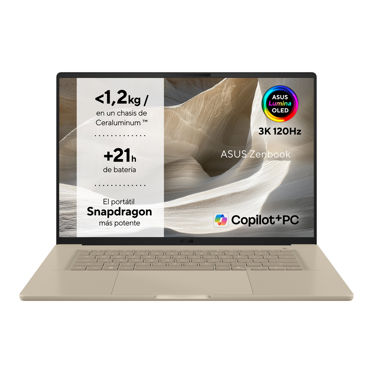 Un portátil beige con una pantalla que muestra texto y logotipos, incluyendo "ASUS Lumina OLED" y "Copilot+PC" sobre un fondo claro.