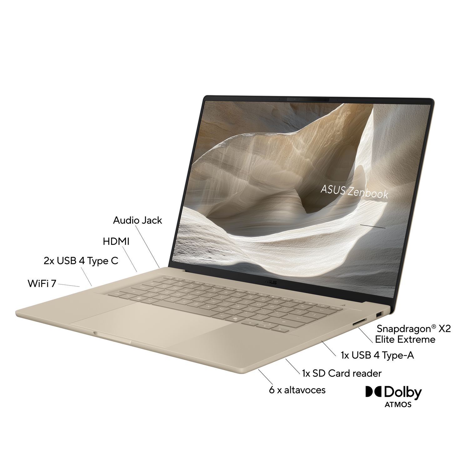 Un portátil Asus Zenbook beige con teclado retroiluminado y puertos etiquetados.