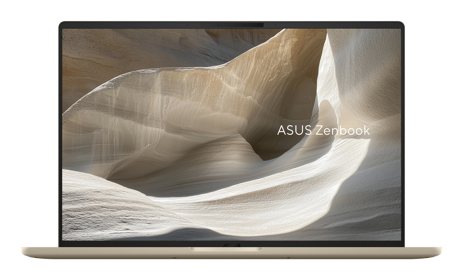Un portátil ASUS Zenbook dorado con una imagen abstracta clara y ondulada en la pantalla, sobre un fondo blanco.