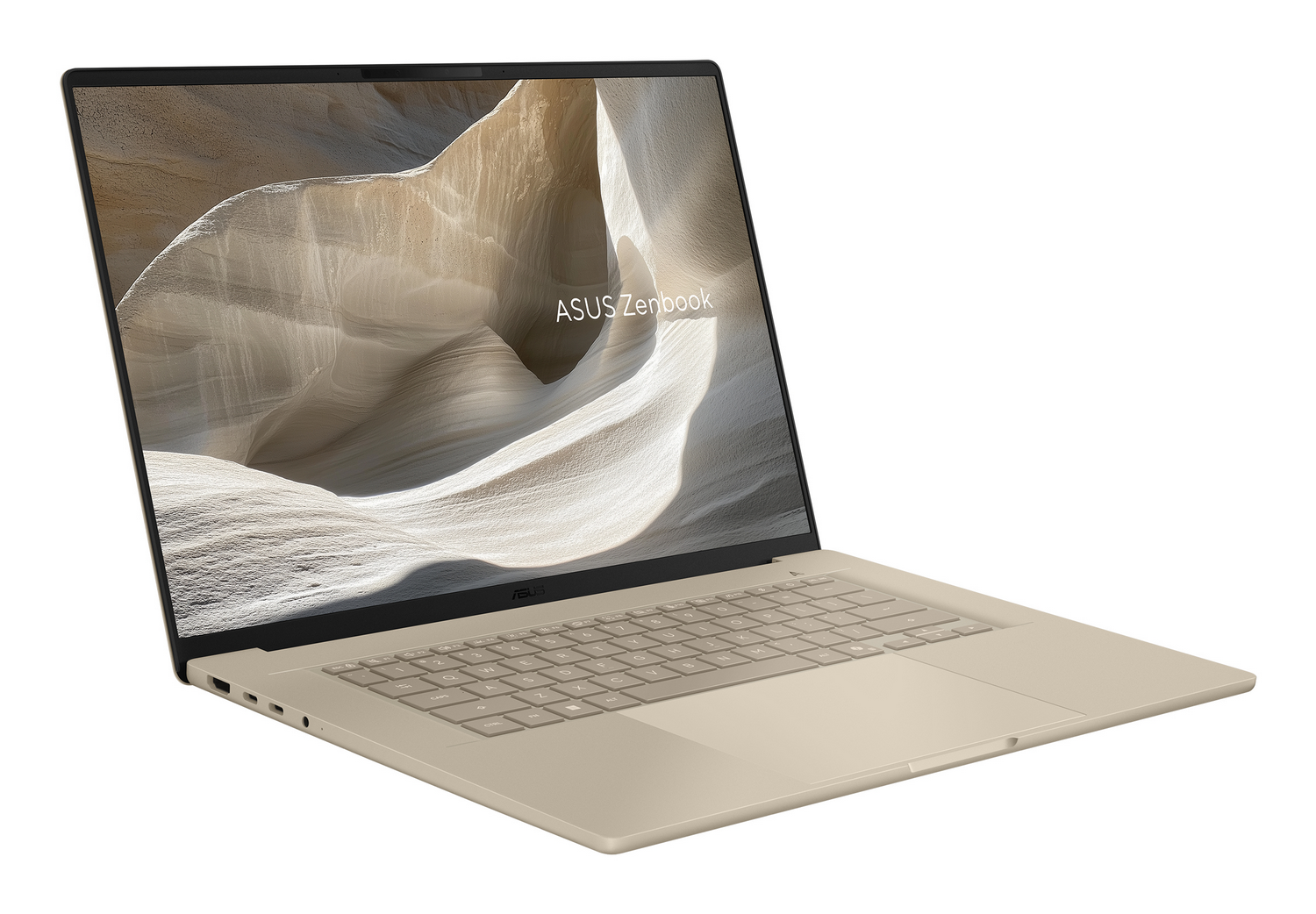 Un portátil ASUS Zenbook beige, inclinado a la derecha, muestra una imagen abstracta marrón claro en su pantalla, sobre un fondo blanco.